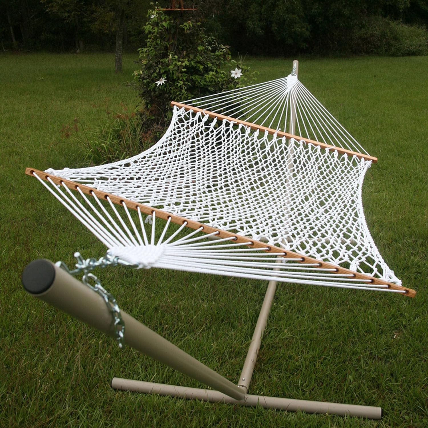 Original Pawleys Island Deluxe White DuraCord Rope Hammock – 13 ft. x 60 in., 2-Person, 450 lb Capacity, Oak Spreader Bar, Zinc-Plated Hardware, Handcrafted in the USA