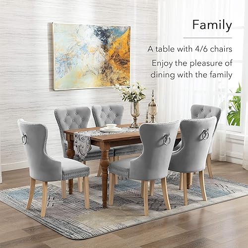 Miniatura 6 de adochr Juego de 6 sillas de comedor decorativas de tela de terciopelo espacio para madera maciza usada con botón y ribete clavado gris