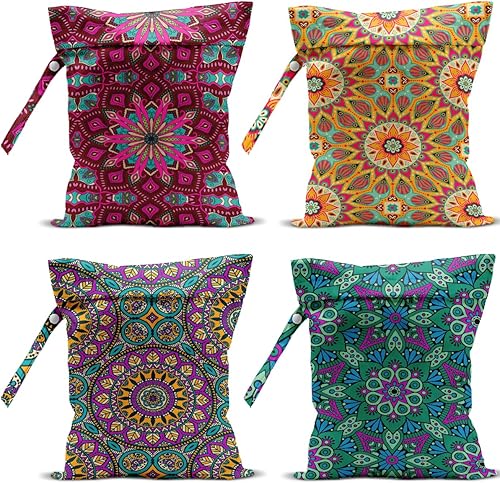 Miniatura 17 de Paquete de 4 bolsas húmedas bohemias para regalo de bruja, impermeable, reutilizable, para traje de baño, pañal, sol, luna, estrella, mariposa,