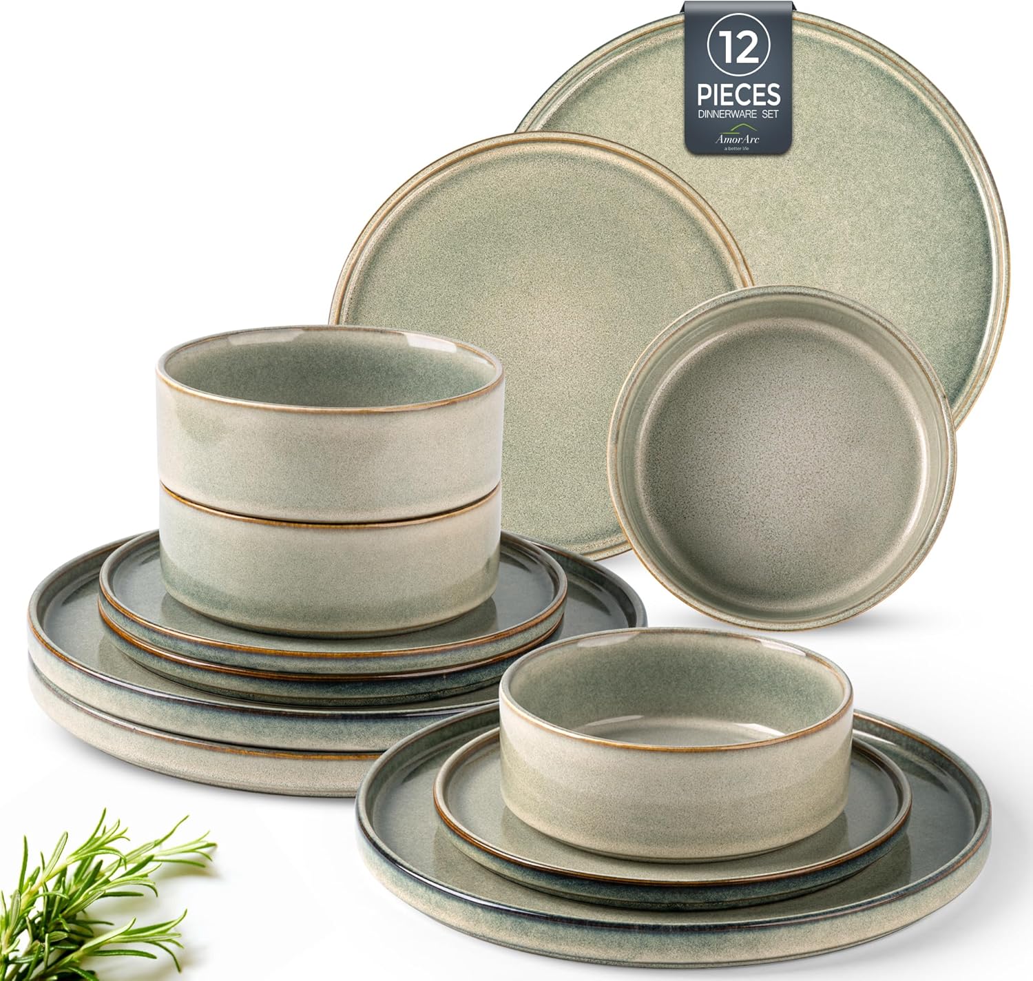AmorArc stoneware dinnerware set, 12pc for 4, reactive glaze