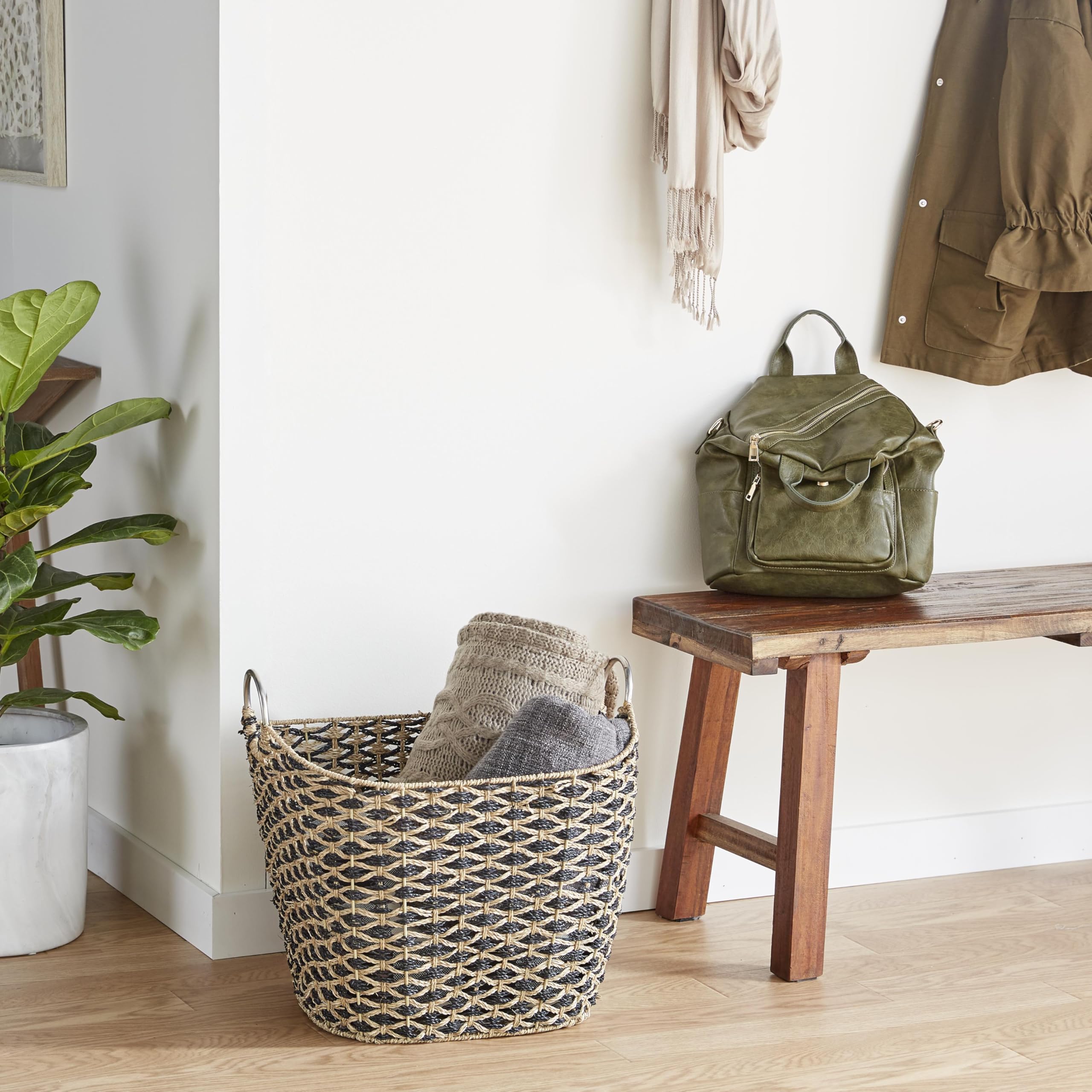 (2)deco 79 seagrass handmade decorative and functional storage basket basket organizer with handles, basket for storage 21" x 18" x 18", brown