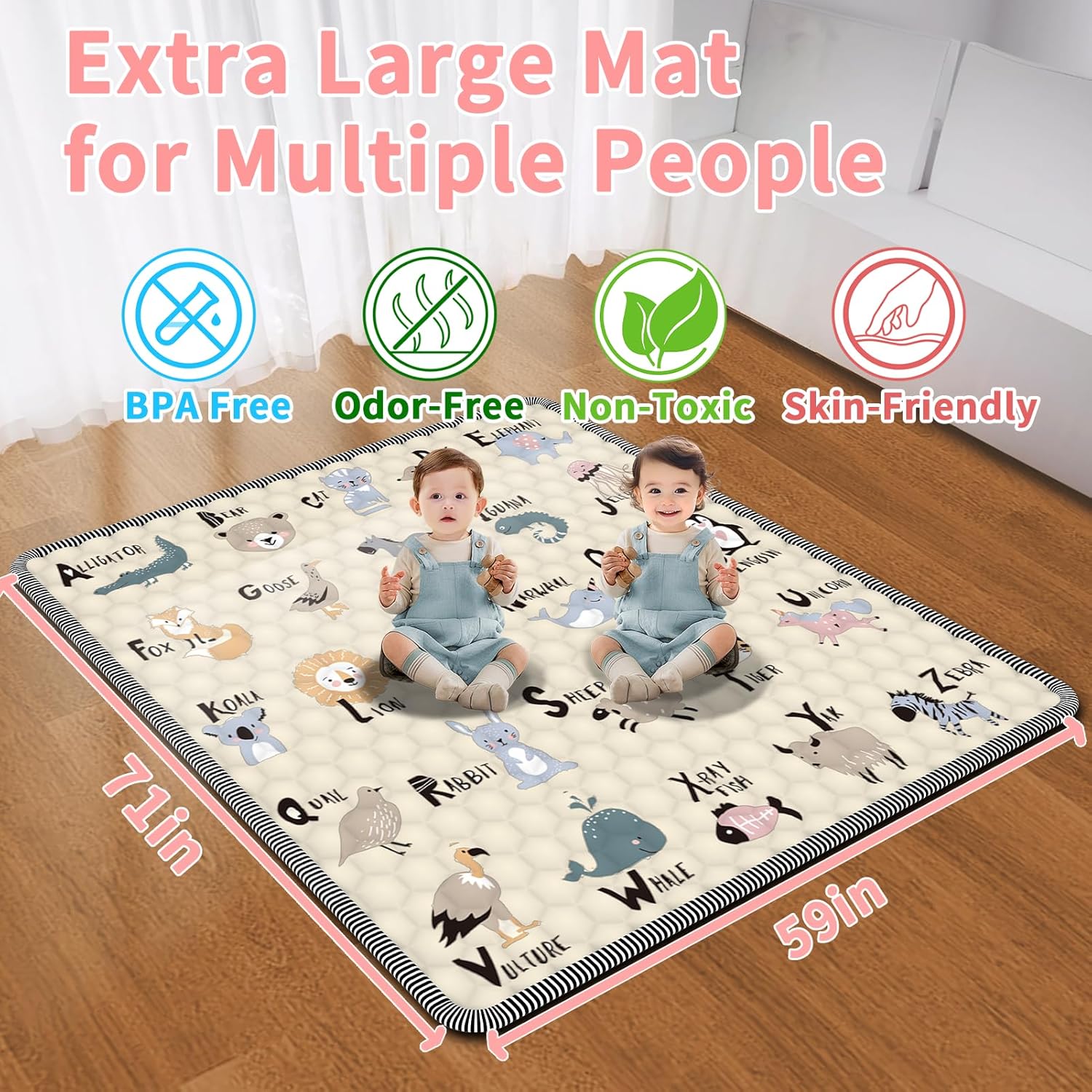 Baby Play Mat for Floor 59x71, Extra Large Soft Portable, Non-Slip Crawling Mat Machine Washable Foldable Playmate for Babies,Toddlers Indoor/Outdoor Use, Alphabet & Animal Design