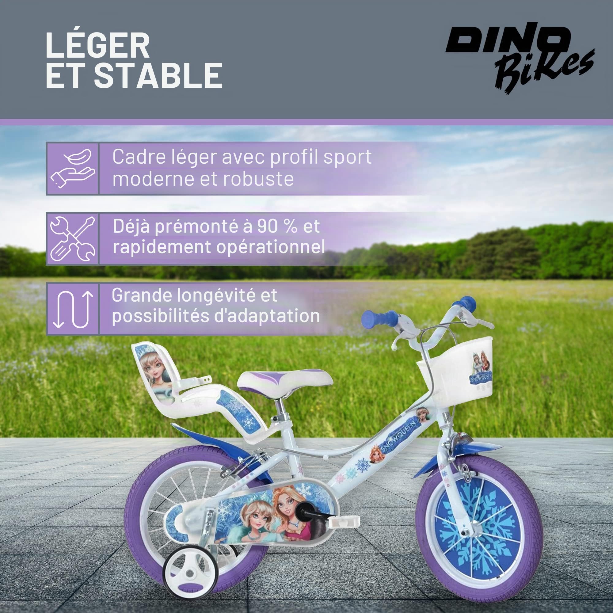 Dino Bikes - Vélo pour enfant La Reine des Neiges - Vélo fille avec stabilisateurs amovibles à partir de 2 ans - Vélo enfant avec panier avant et porte-poupée - Hauteur de selle et guidon réglables