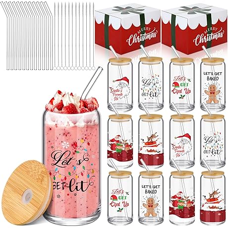 Nosiny Christmas Glasses Cups with Bamboo Lids and Straws (16 oz)