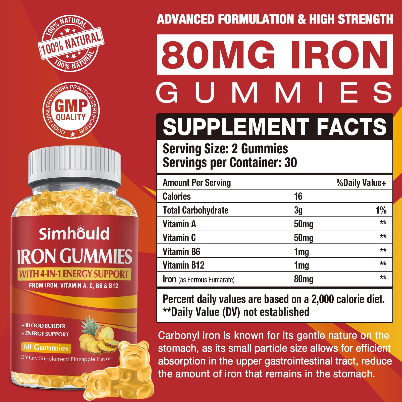 2 Pack Vegan 80MG Iron Supplement Gummies for Women & Men - Vitamin A, C, B for Adults & Kids - Blood & Builder & Energy Support for Iron Deficiency, Anemia, 120 Counts Pineapple Flavor Gummies — Amazon image 2