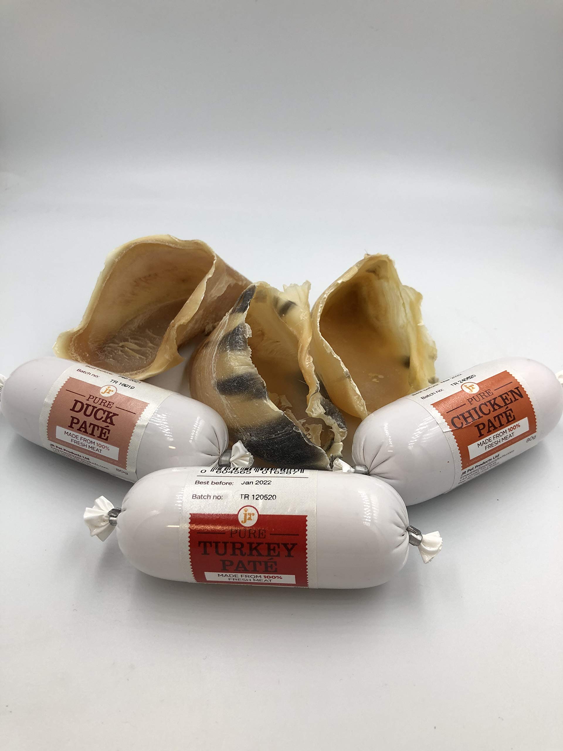 J R Pet Products 3 x 80g Pure Turkey, Duck & Chicken Variety Pate & 3 x Calf Hoof Long Lasting Dog Treat Combo