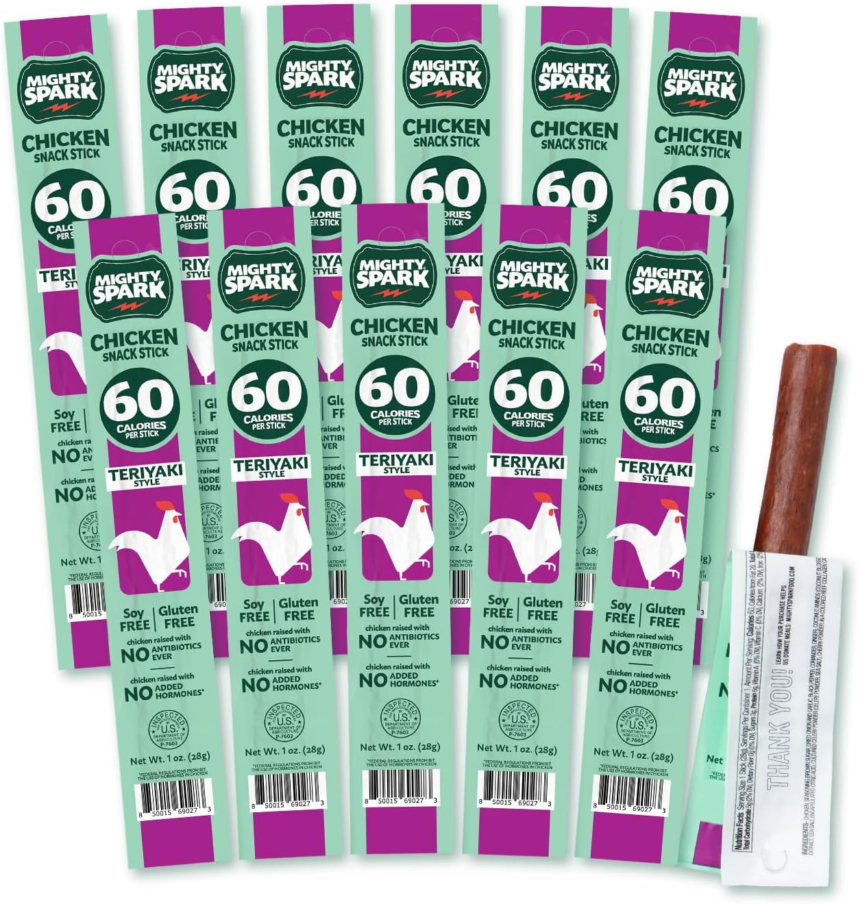 Mighty Spark Chicken Snack Sticks - Teriyaki - 6g of Protein, No Antibiotics, No Hormones, Gluten Free, Soy Free Meat Sticks - High Protein Keto Snacks, Weight Watchers Approved - 12 Count