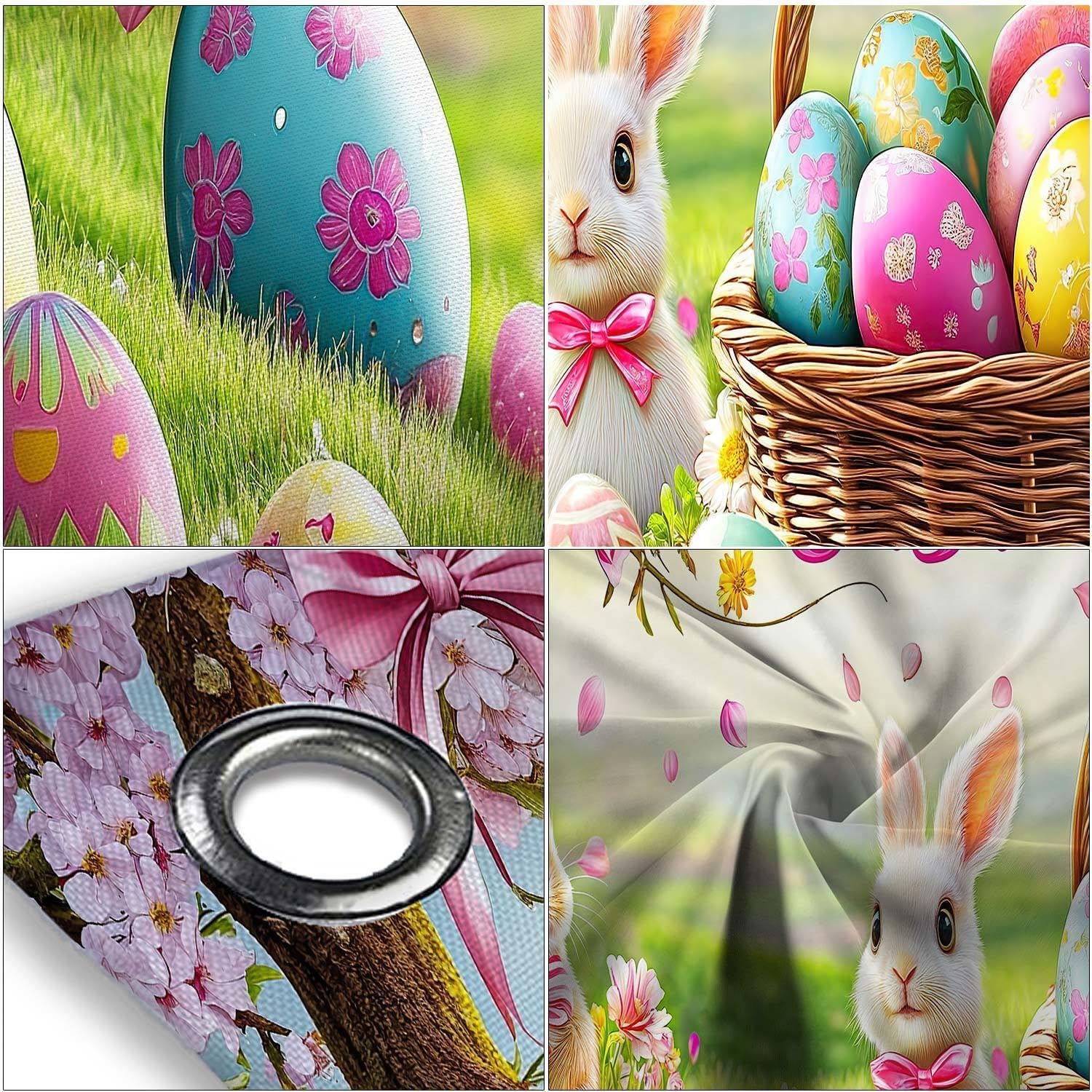 16X7FT Spring Easter Garage Door Cover Decorations, Spring Cute Bunny Colorful Eggs Flower Green Grass Garage Door Background, Easter Family Outdoor Indoor Hanging Party Supplies