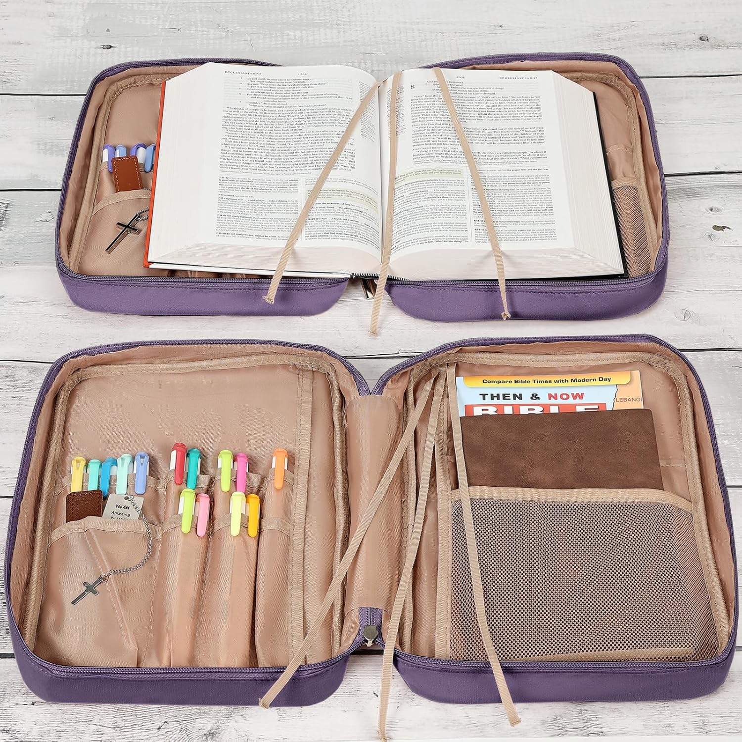 FINDCOZY Bible Cover for Women, Durable Carrying Book Case Church Bag for Biblical Accessories with Handle and Zippered Pocket,Purple