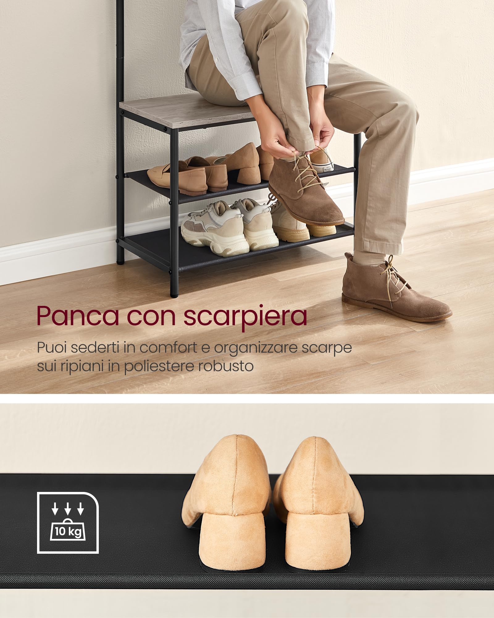 VASAGLE Appendiabiti da Ingresso con Panca Scarpiera, Attaccapanni con 9 Ganci Rimovibili e Barra Appendiabiti, 32,2 x 64 x 180 cm, Camera da Letto, Industriale, Greige e Nero HSR411B02