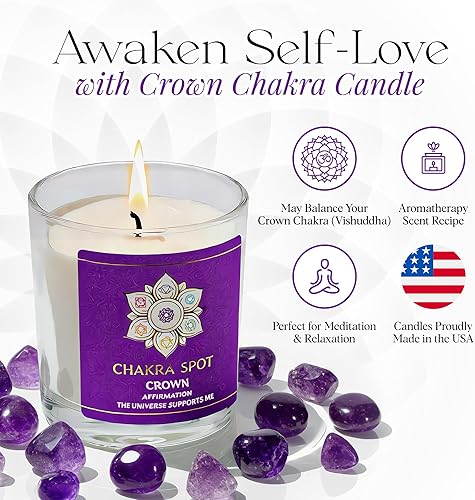 Miniatura 2 de Vela Crown Chakra  Sahasrara 8oz  Aceites esenciales de rosa, incienso, lavanda, cedro y pachulí  Mezcla de cera de abeja y cera de coco  Vela de