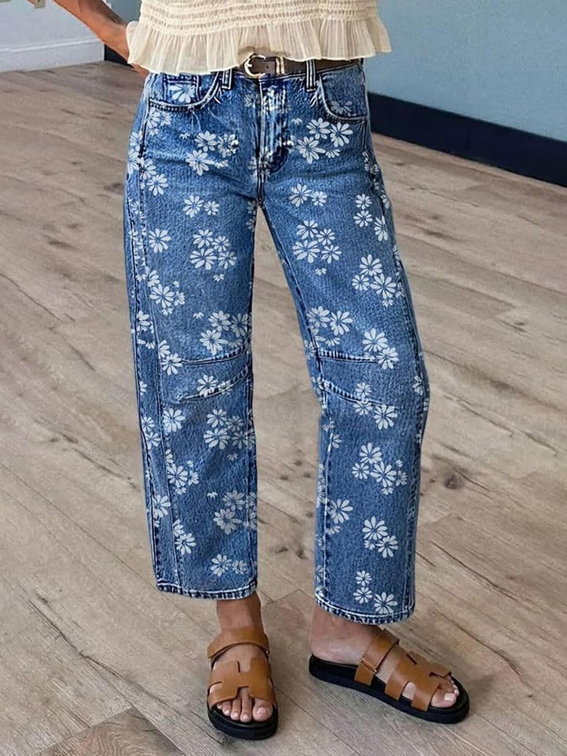 Flamingals Barrel Leg Mid Rise Jeans for Women Wash Floral Print Stitch Detail Casual Denim Pants Without Belt