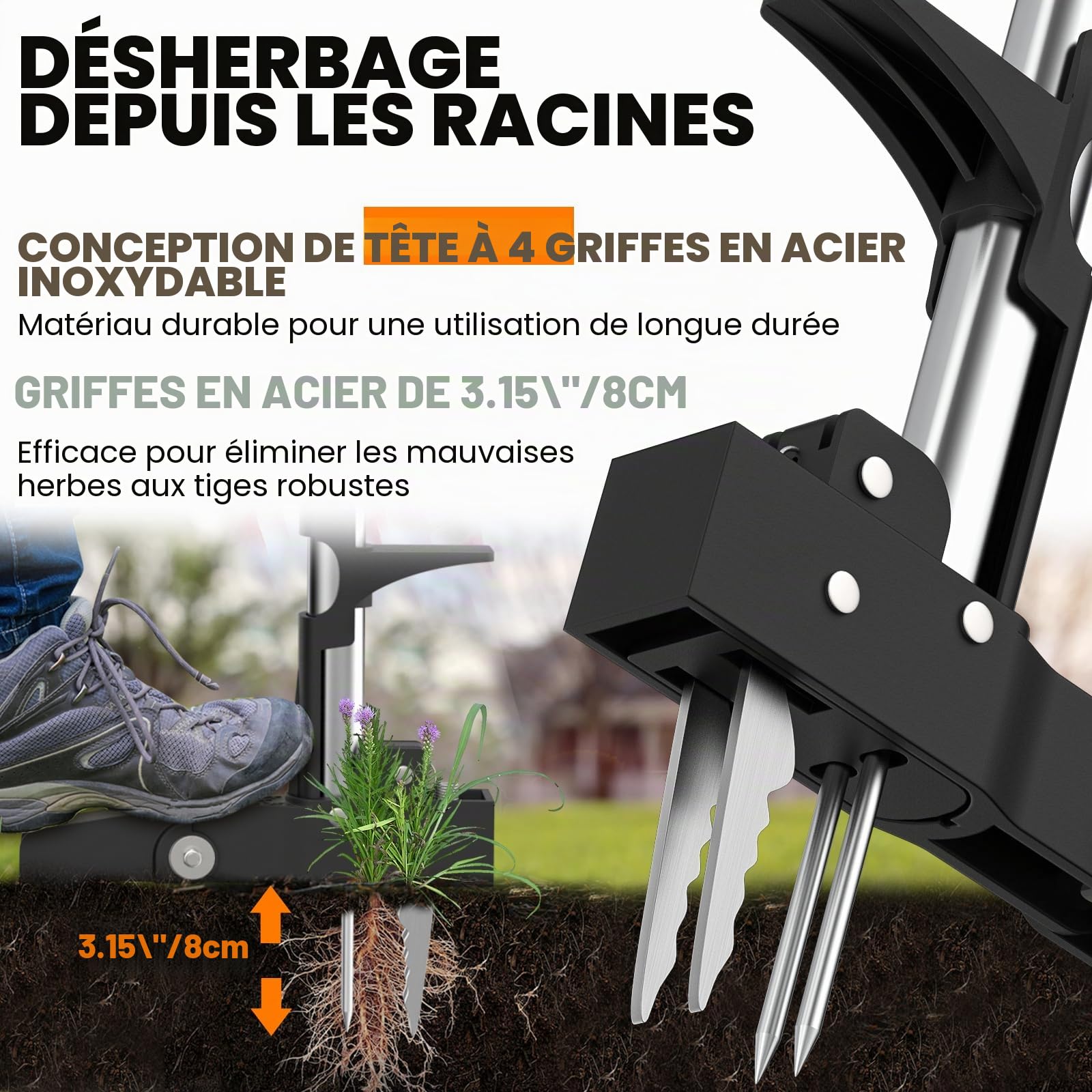 Desherbeur Manuel, Désherbeurs Manuels Debout avec 4 Griffes, Arrache Pissenlit avec Poignée Ergonomique de 99cm de Long, Outil Desherbage Mauvaise Herbe pour Le Jardin