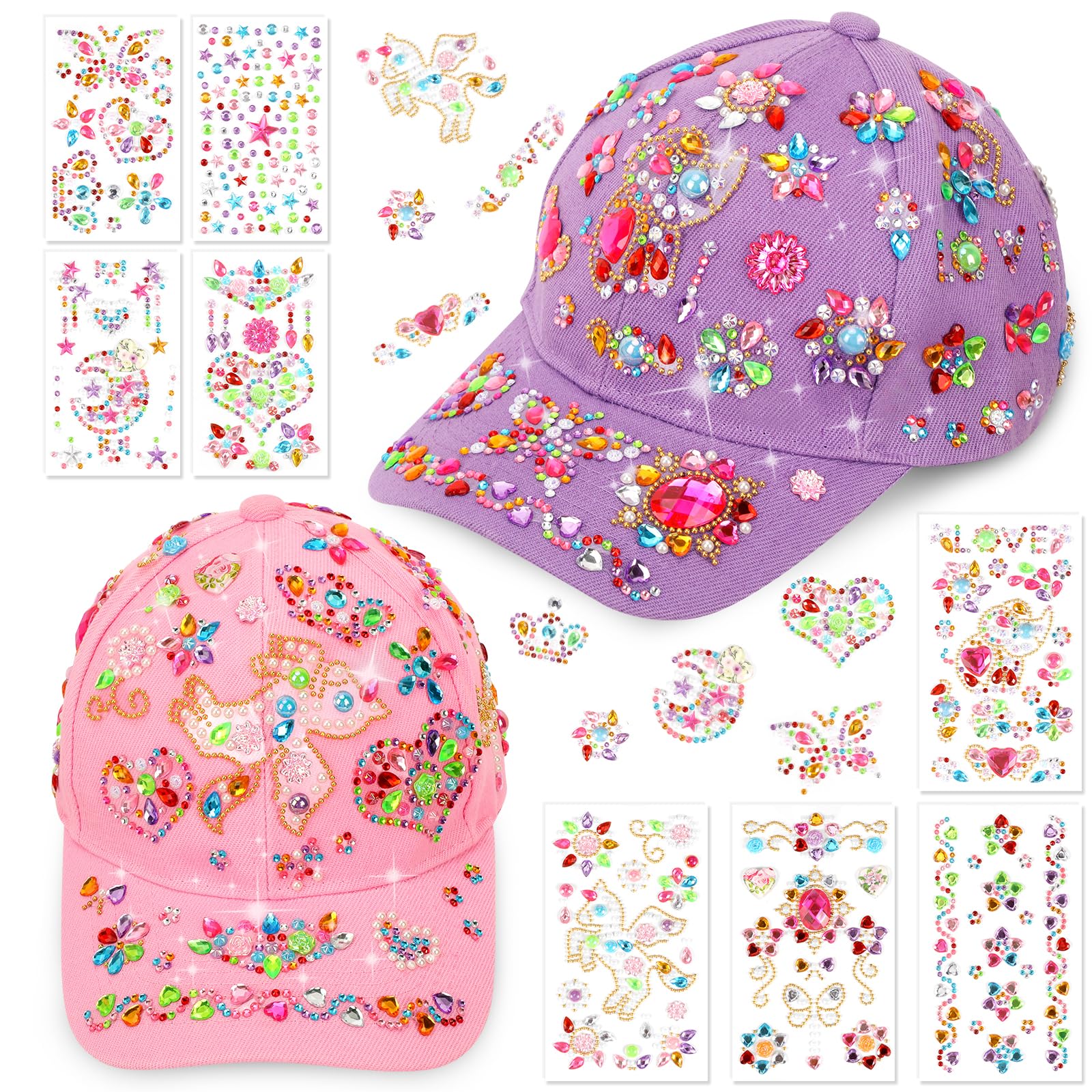 JUPSK Juego de Gorra de Béisbol para Niños, Sombrero para el Sol de Color Sólido con Pegatinas de Diamantes de Cristal de Unicornio, Regalos para el día de los Niños, Regalos de Fiesta para Niñas