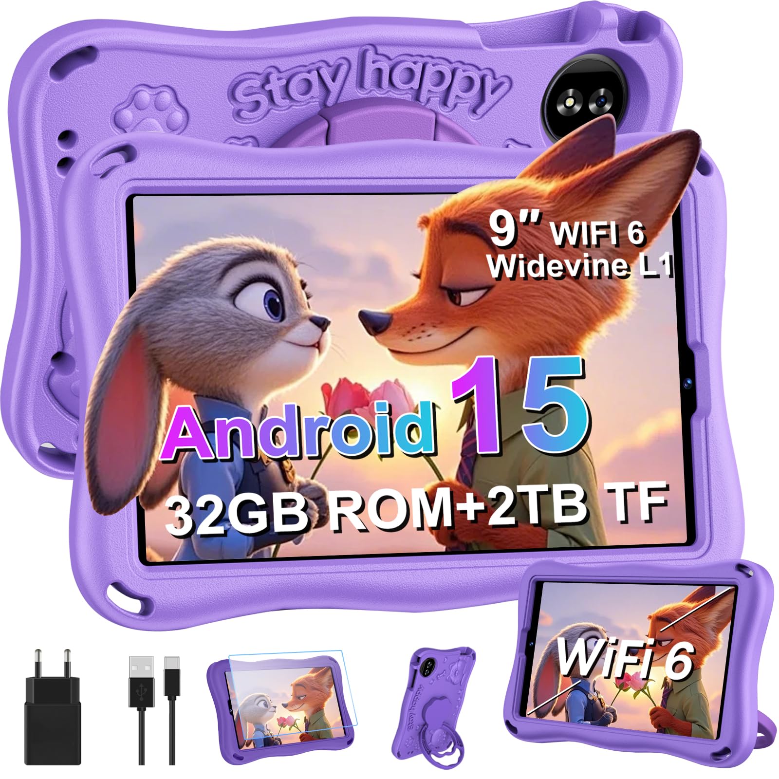 SUAAT 2026 Kinder Tablet 9 Zoll Android 15 mit 32GB ROM+TF 2TB, 5G WiFi, Gemini AI, Octa-Core, Widevine L1, GPS, Face ID, Kindersicherung, 1340 * 800, 5000mAh, BT 5.0, Kids Tablet mit Eva Case - Lila