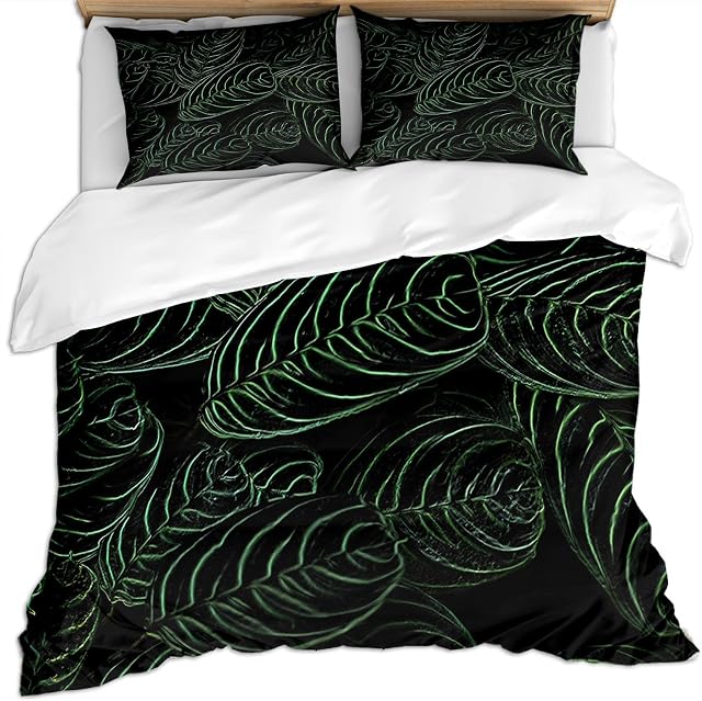 Jungle Green Leaf Modern Home Pattern Decorative 3 Piece Bedding Sets, Tropical Botanical Print Texture Soft Quilt Cover Sets with 2 Pillow Shams for Bedroom Bed Decor (Queen/90 x90)