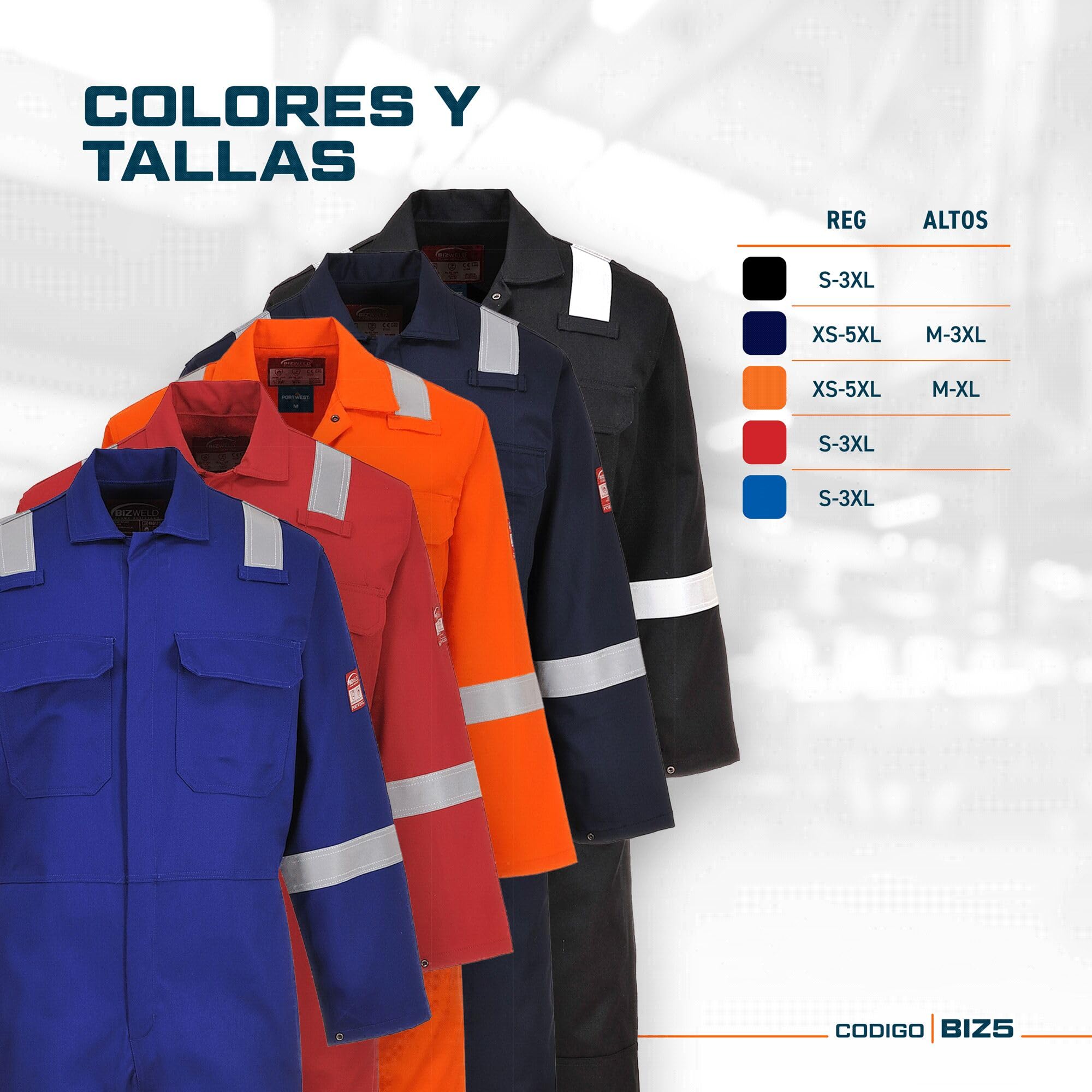 Portwest BIZ5 Mono Reflectante Resistente Al Fuego Para Hombres Bizweld Iona FR Azul Marino, L