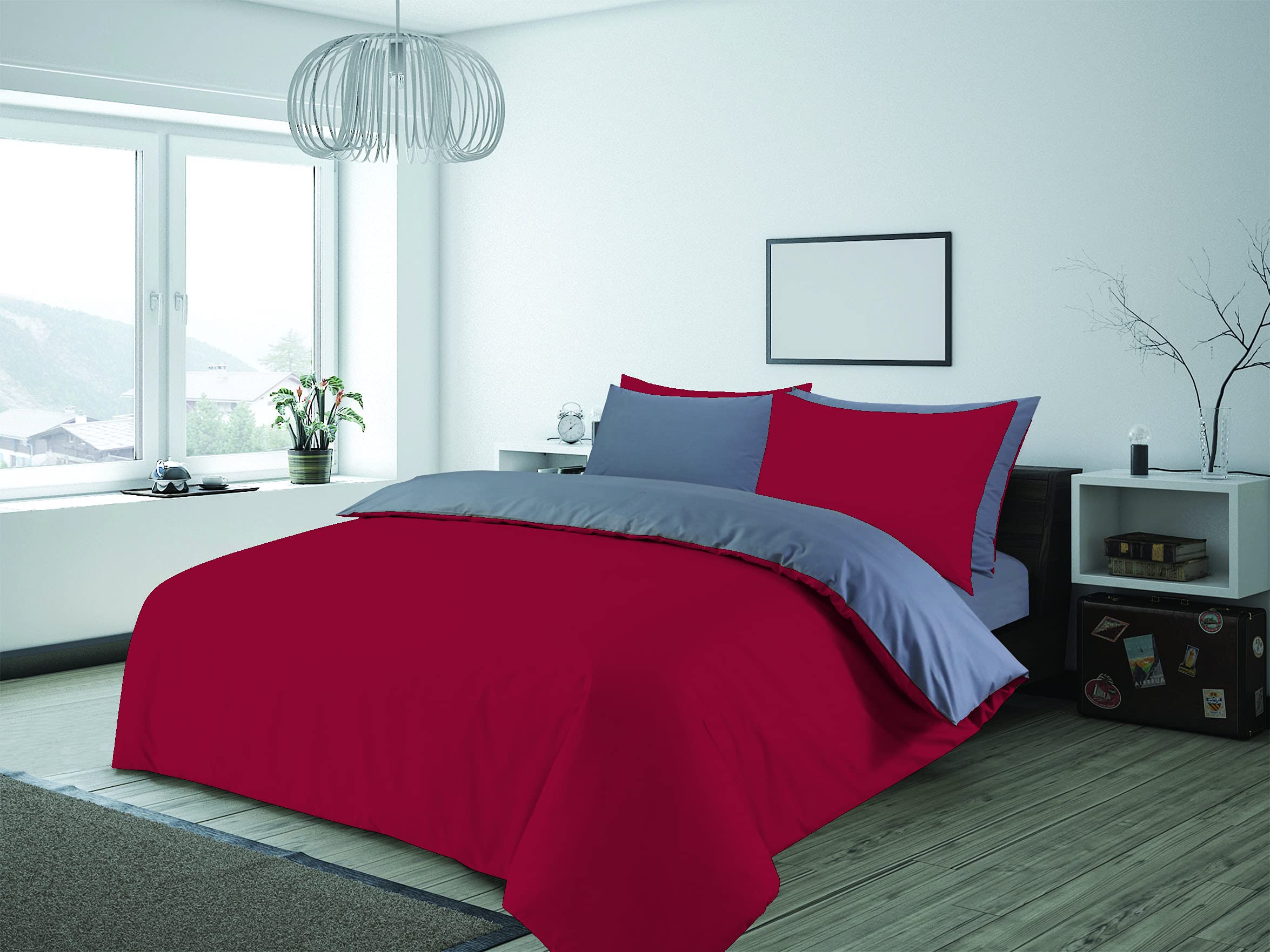 Charlotte Andersen Red / Grey & King Duvet Cover Plain Reversible Cotton Blended Bedding Set With Pillowcases