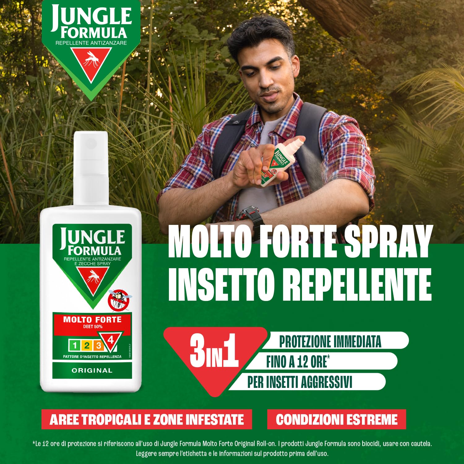 Jungle Formula Molto Forte Spray Repellente antizanzare - Fino a 9 ore di protezione - Zanzare, zecche, insetti aggressivi - Deet 50% - Condizioni estreme, viaggi tropicali e zone infestate - 75 ml