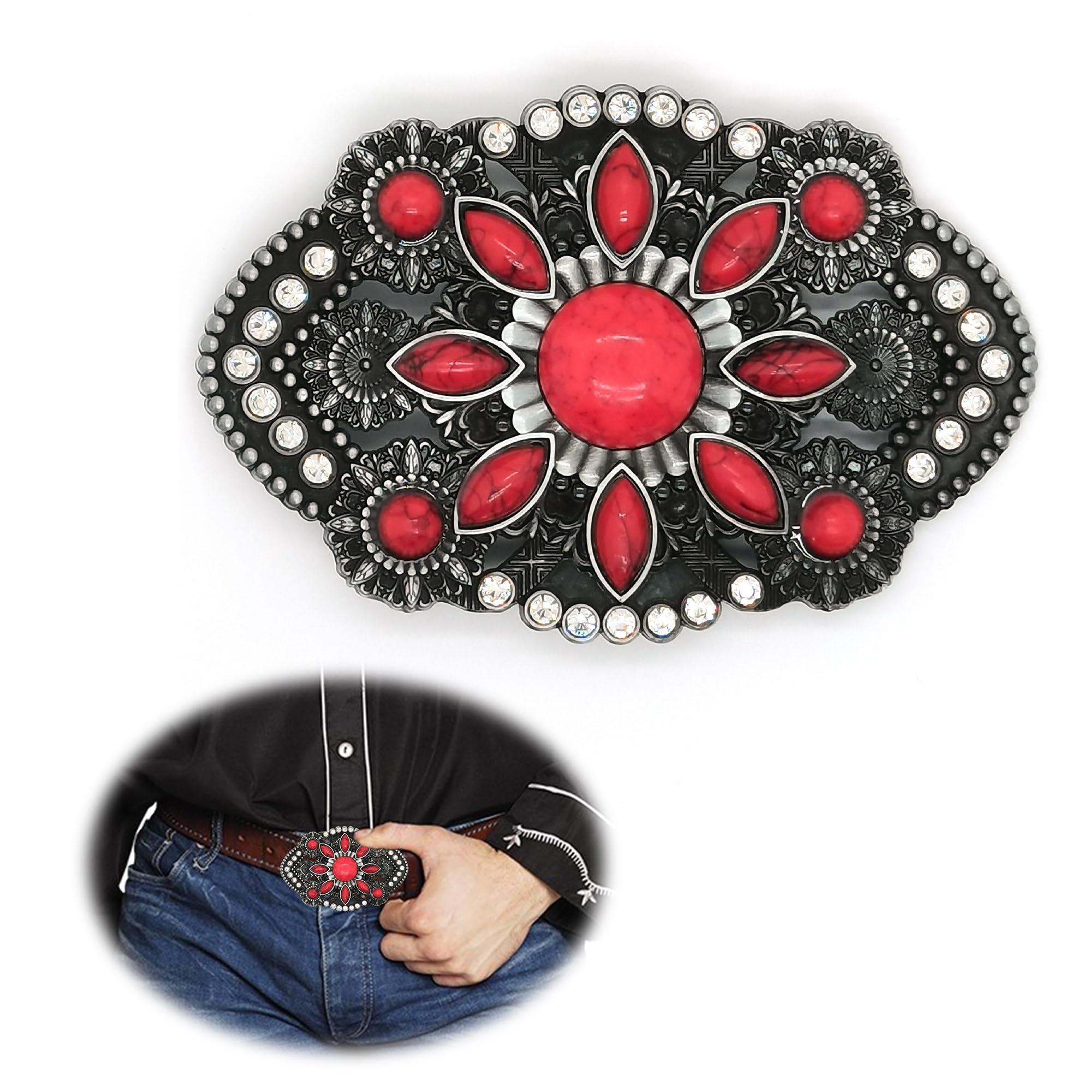 CHENNAN Böhmischer Stil Western Gürtelschnalle mit Stein Türkis 38mm-40mm Oval Blumenförmiger Gürtelverschluss aus Synthetischer Türkis Vintage Türkis Gürtelschnalle für Damen und Herren