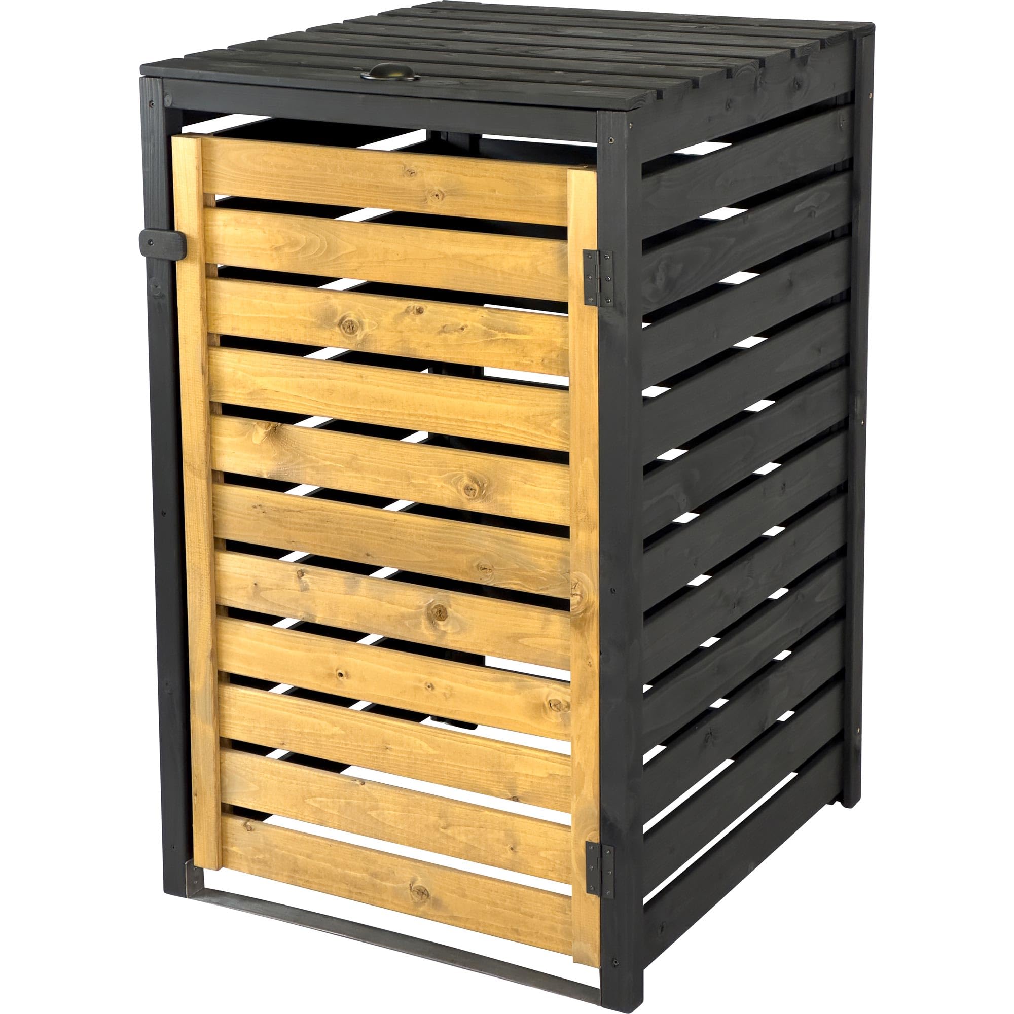 dobar® Green Label Mülltonnenverkleidung 1er 120 L aus Holz in Braun-Schwarz als Bausatz - Mülltonnenbox mit Deckel und Schwingtür zweifarbig - 67 x 64 x 94 cm
