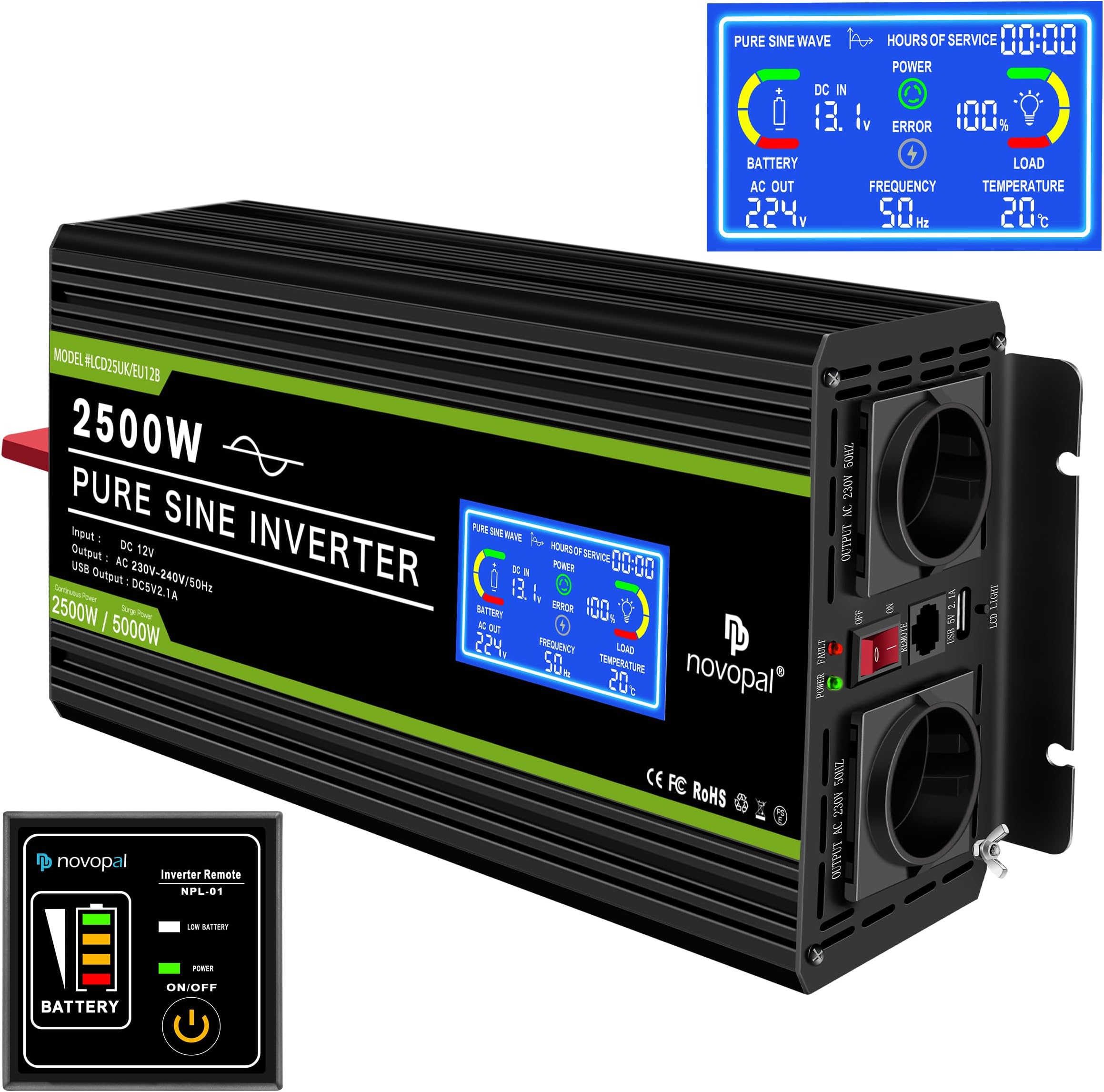 Onduleur 1500W 12V Vers 220V Pur Sinus - Prise Secteur + 2 Ports USB, Pour Voiture, Camping-car, Bateau