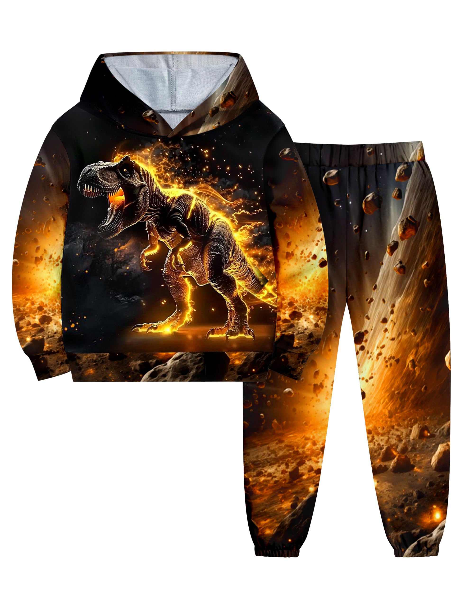 Boys Clothes, T-Rex Print Dinosaur Boy Clothes Fall Winter Outfits Long-sleeved Hooded Sweatshirt Pants 2Pcs Set