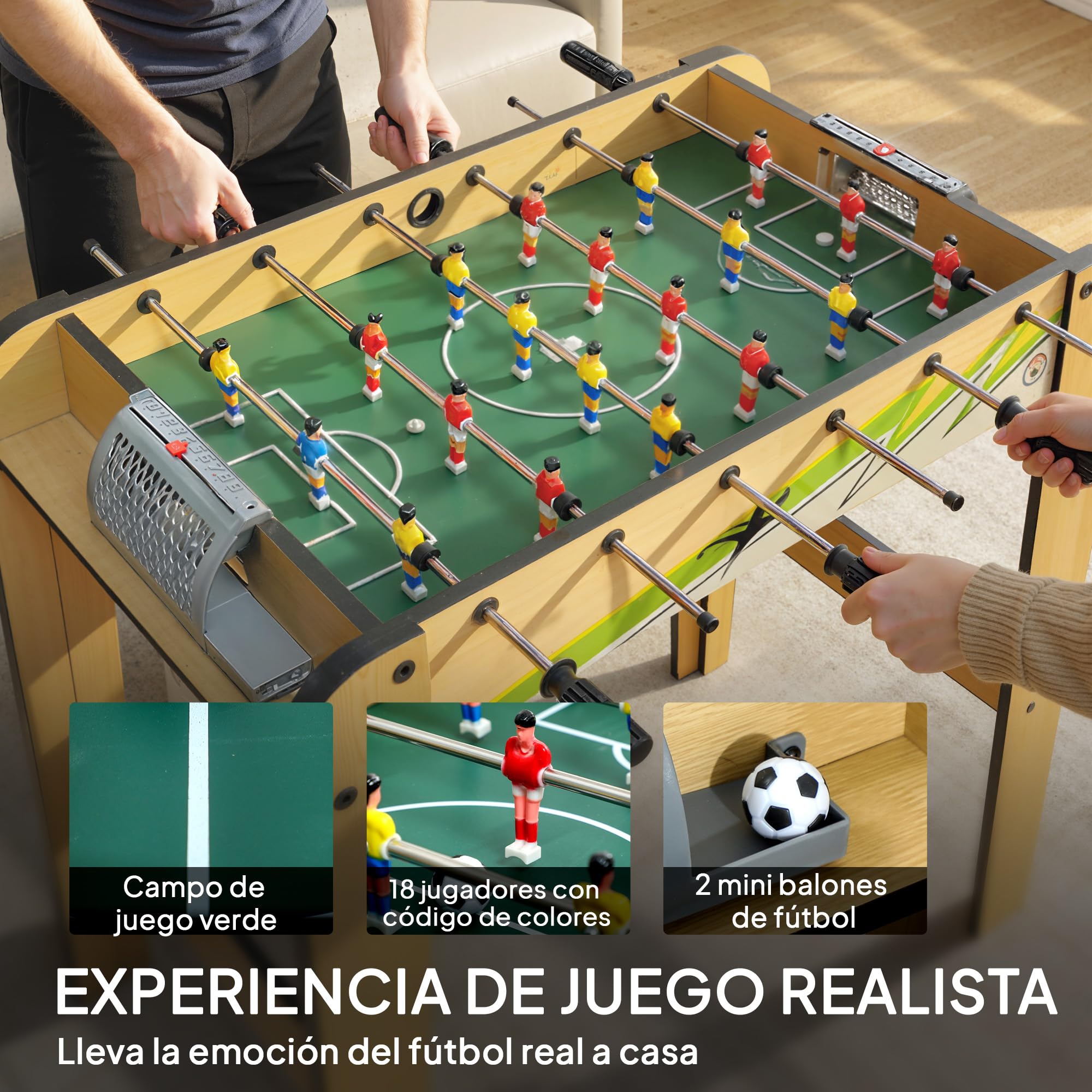 SPORTNOW Futbolín para Niños de Madera, Mesa de Futbolín con 2 Marcadores, 6 Asas, 18 Jugadores, 6 Barras y 2 Bolas, Regalo para Adultos, Familias, Fiestas, 75x66x75 cm, Natural