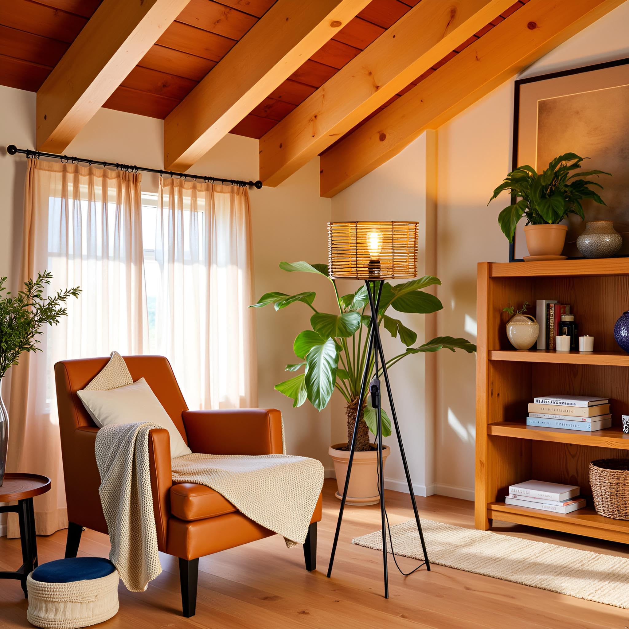 Stehlampe Rattan Dimmbar, Boho Style | Dreibein Design, LED Standleuchte, Vintage Deko, Für Wohnzimmer & Büro
