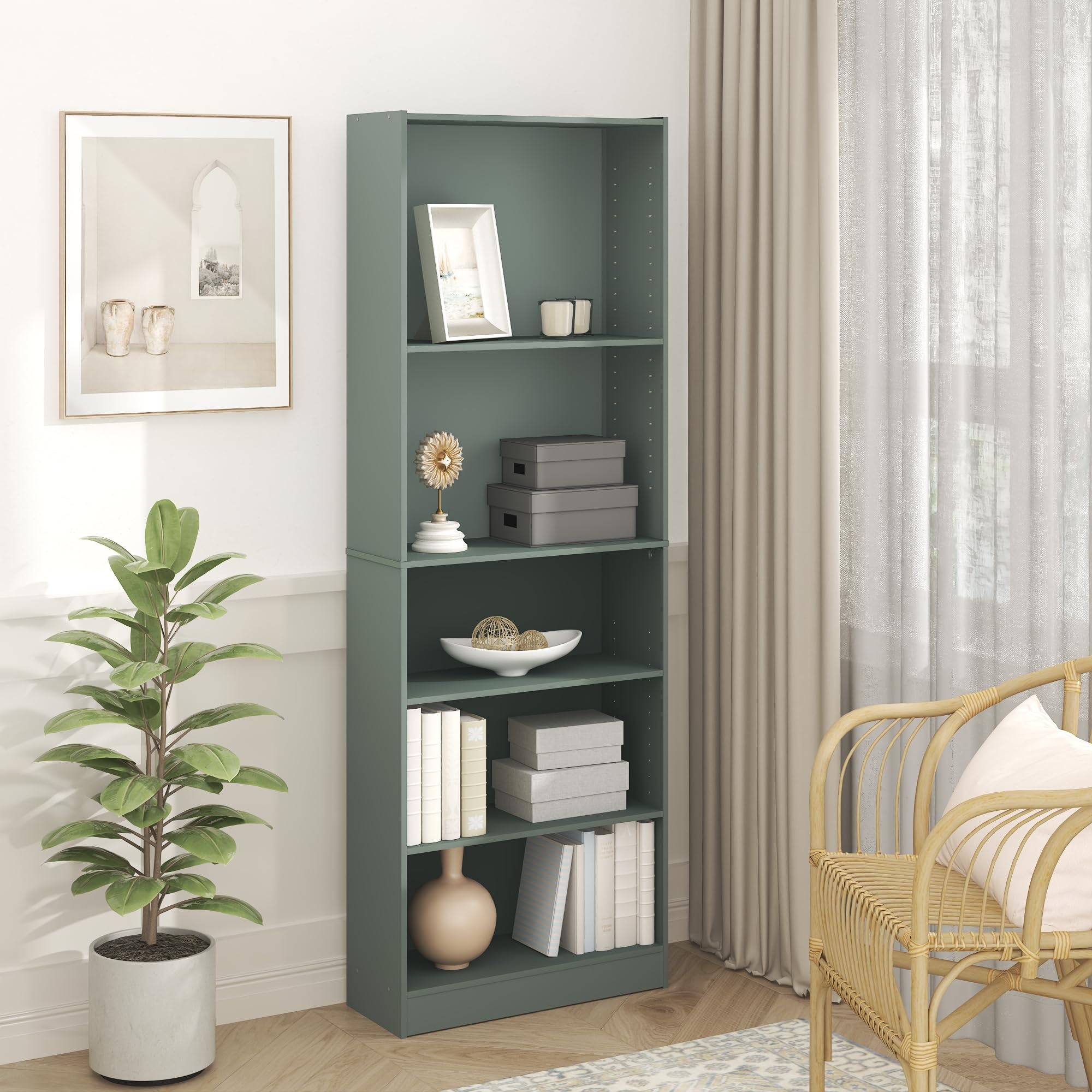 Furinno Jaya Book Shelf, 5-Tier Bookshelf, Bookcase with Adjustable Shelves, 9.5" x 24.5" x 71.2", for Organization and Storage, for Living Room,