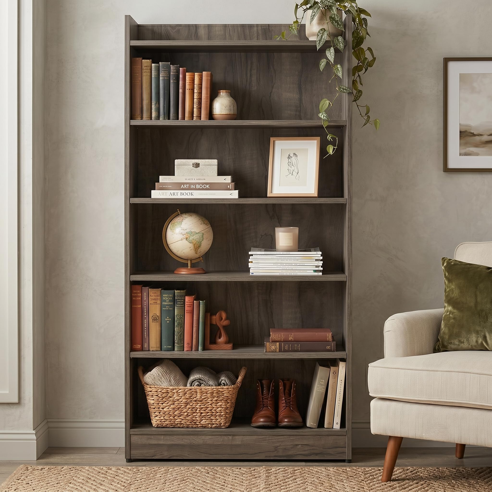 Apex 5-Tier Bookshelf & Display Rack, Modern Open Storage Organizer for Living Room, Office & Library, 62.5x23.5x130cm (Dark Oak)-image-23