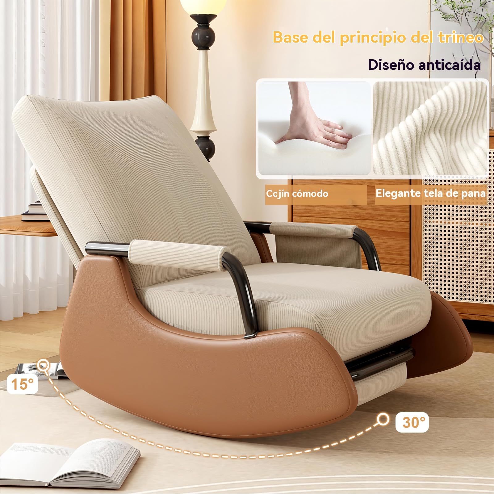 Silla Mecedora Acolchada para habitación de bebé con Bolsillos Laterales y Respaldo Alto Ajustable, Silla de Acento de Cuerda Peluda con reposapiés Adecuada para Dormitorio y Sala de Estar
