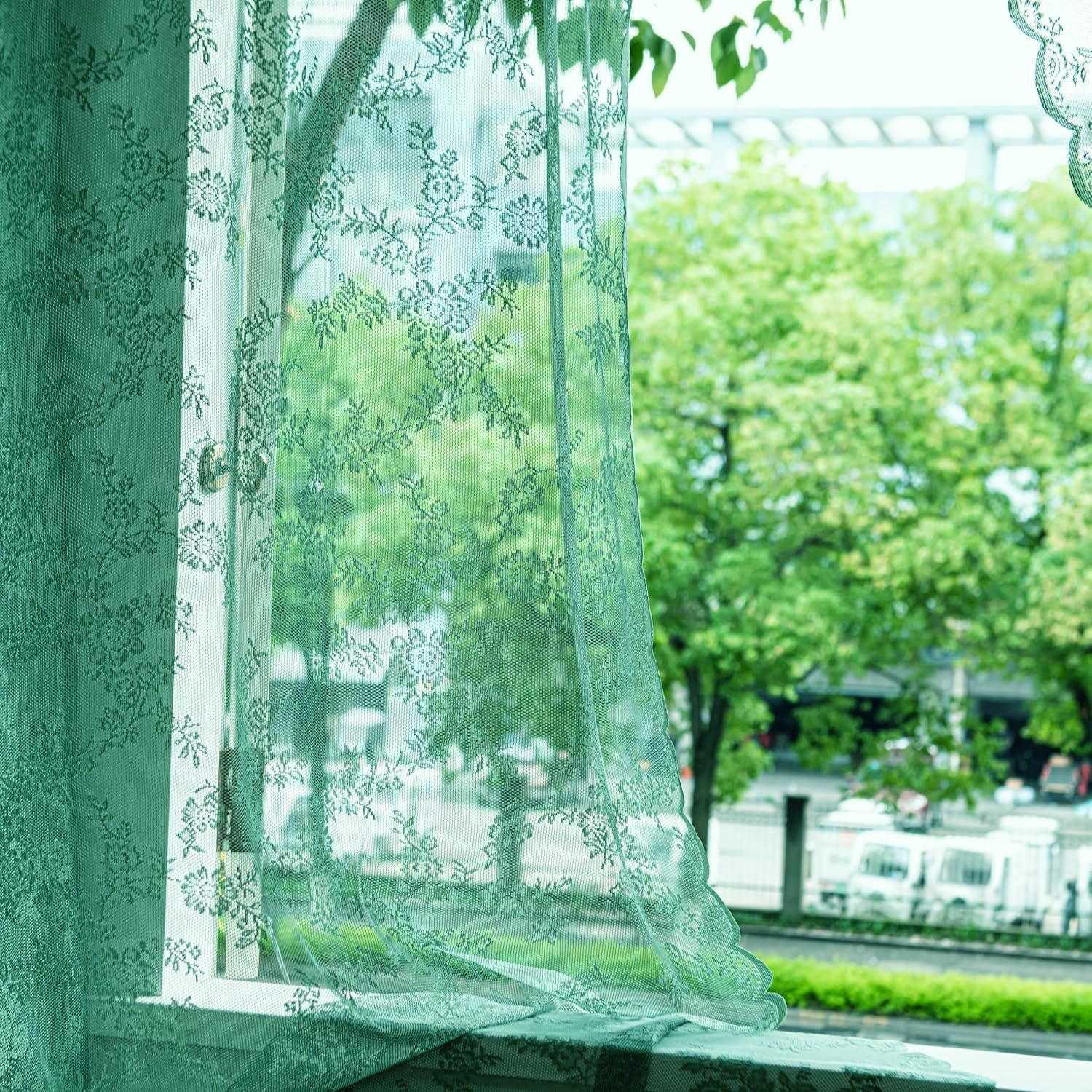 Amazon｜Deeproveダークエメラルドグリーンレースシアーカーテン長さ84