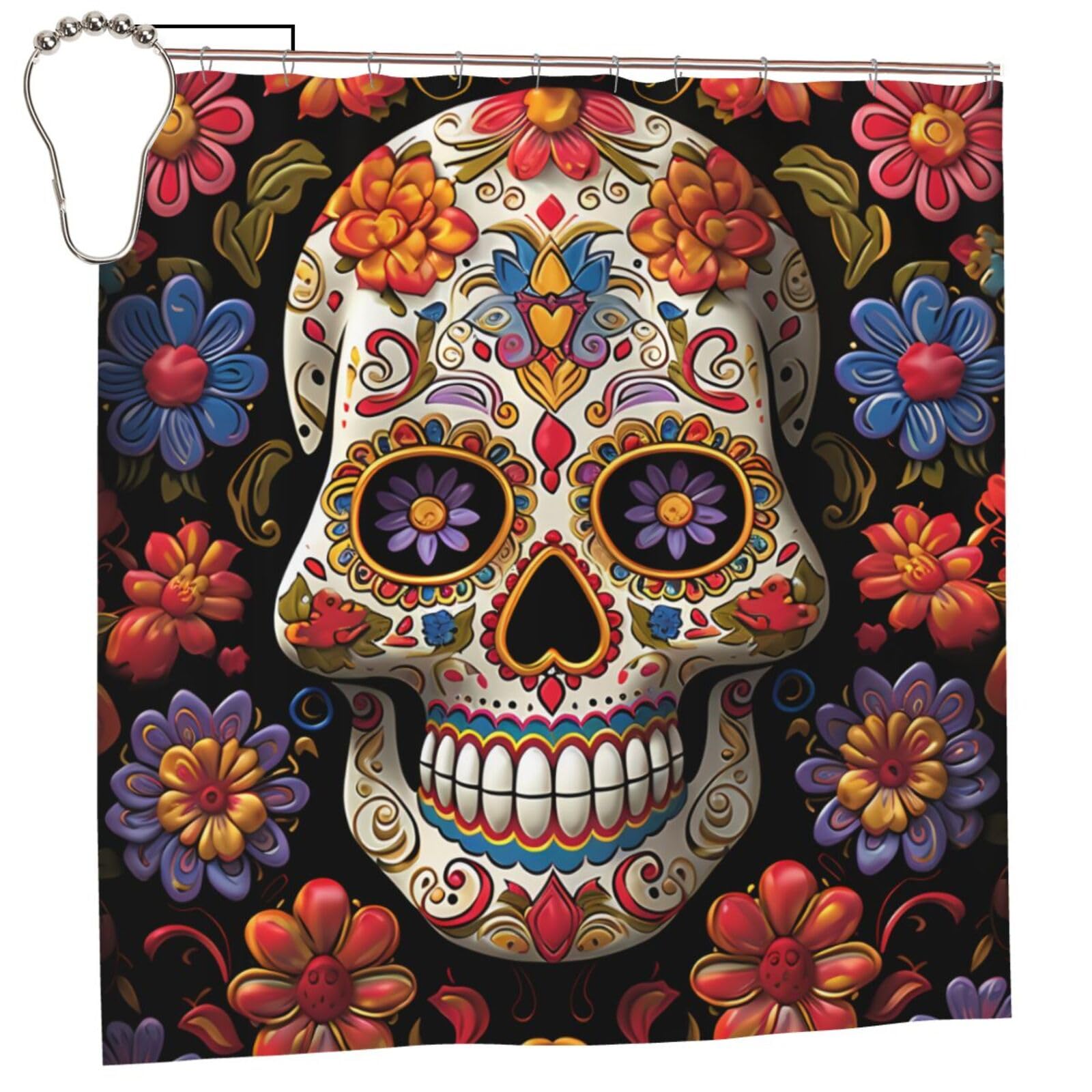 FodPand Sugar Skulls Shower Curtain 70"x70" Waterproof Long Bathroom Curtain Heavy Duty Thick Cloth Bath Curtain Set with Hooks, Modern Abstract Art Pattern Bathroom Shower Curtains