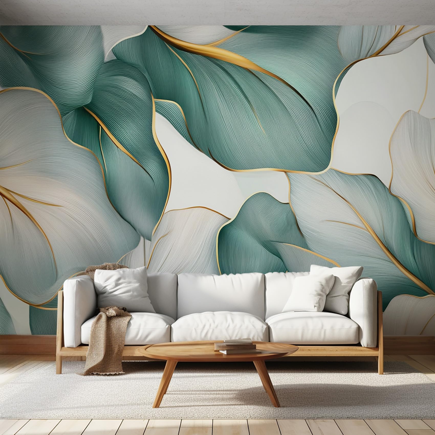 Leaf Wallpaper Mural, Luxury Abstract Metallic Plant Wall Mural, Non-Woven Print Photo Wallpaper for Bedroom Living Room Decor 300x210 cm