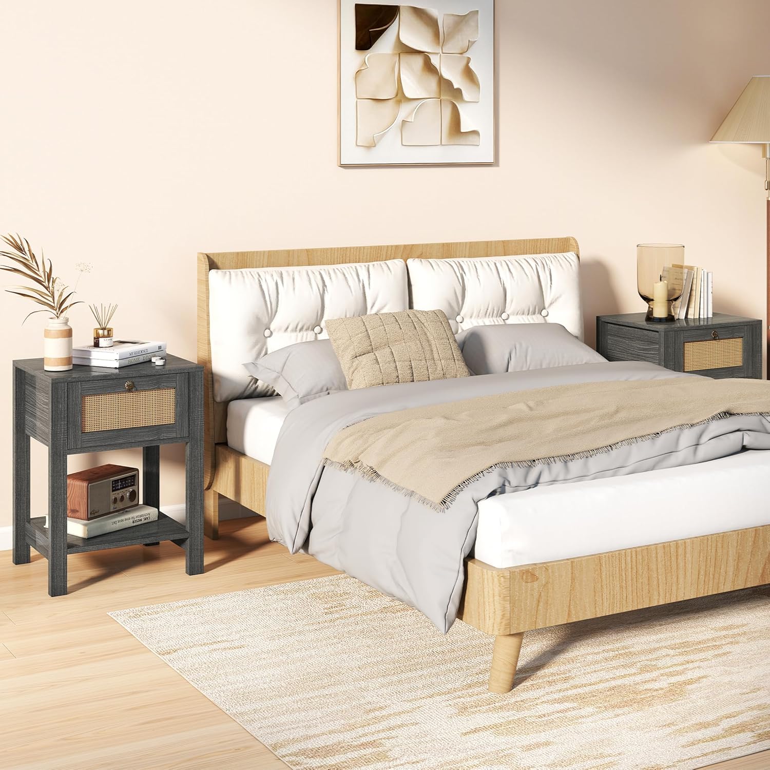 Miereirl Rattan Nightstand Set of 2, Rattan Decor Drawer with Brass Knobs Bohemian End Tables Side Tables with Storage Shelf, Dark Grey