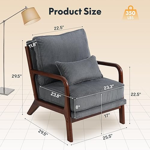 Miniatura 2 de FLEXISPOT AC1 - Silla decorativa, sillón moderno de mediados de siglo con marco de madera, cómoda silla de lectura tapizada de pana con almohada