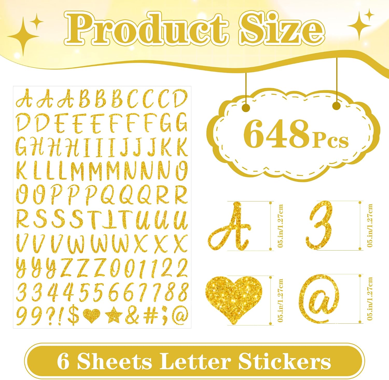648 PCS Glitter Letter Stickers Alphabet Number Stickers for Graduation Cap, Self-Adhesive Small 0.5 Inch Letters Stickers for Graduation Cap Scrapbooking Notebook Sign DIY Craft Art Decor (6, Gold)