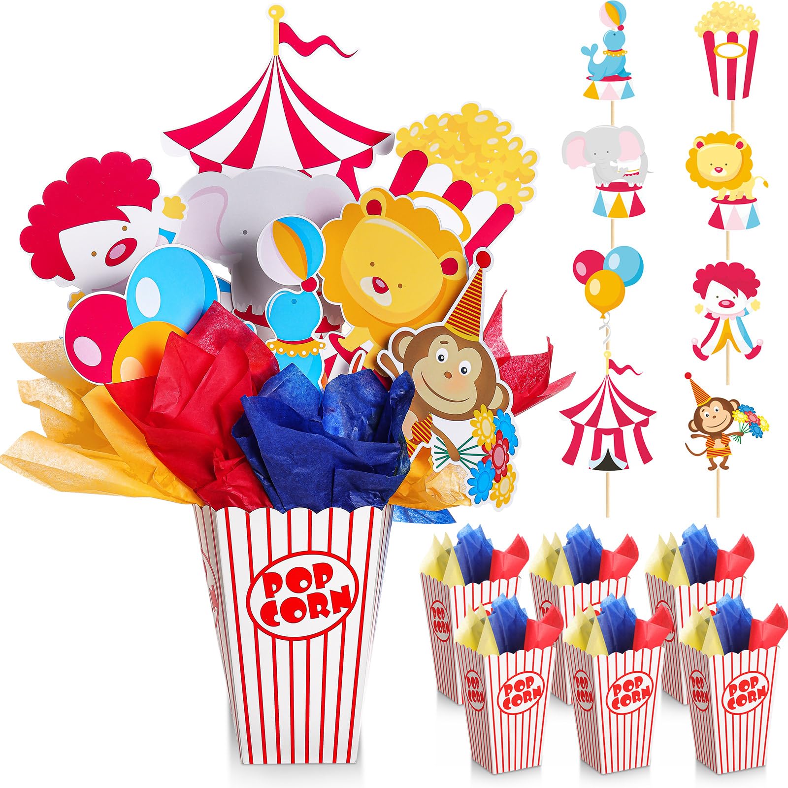 6 juegos de 162 piezas de centros de mesa de fiesta de carnaval de circo, decoración de mesa temática de circo con caja de palomitas de maíz, recortes y palos para fiesta de carnaval,
