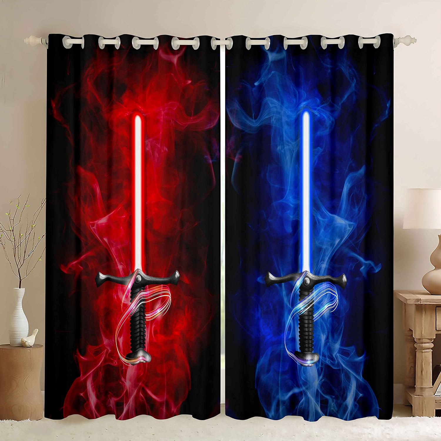 Feelyou Lightsaber Thermal Insulated Drapes Light Saber Sword Curtains for Bedroom for Kids Boys Soft Luxury Curtain Red Blue 42W x 63L inches