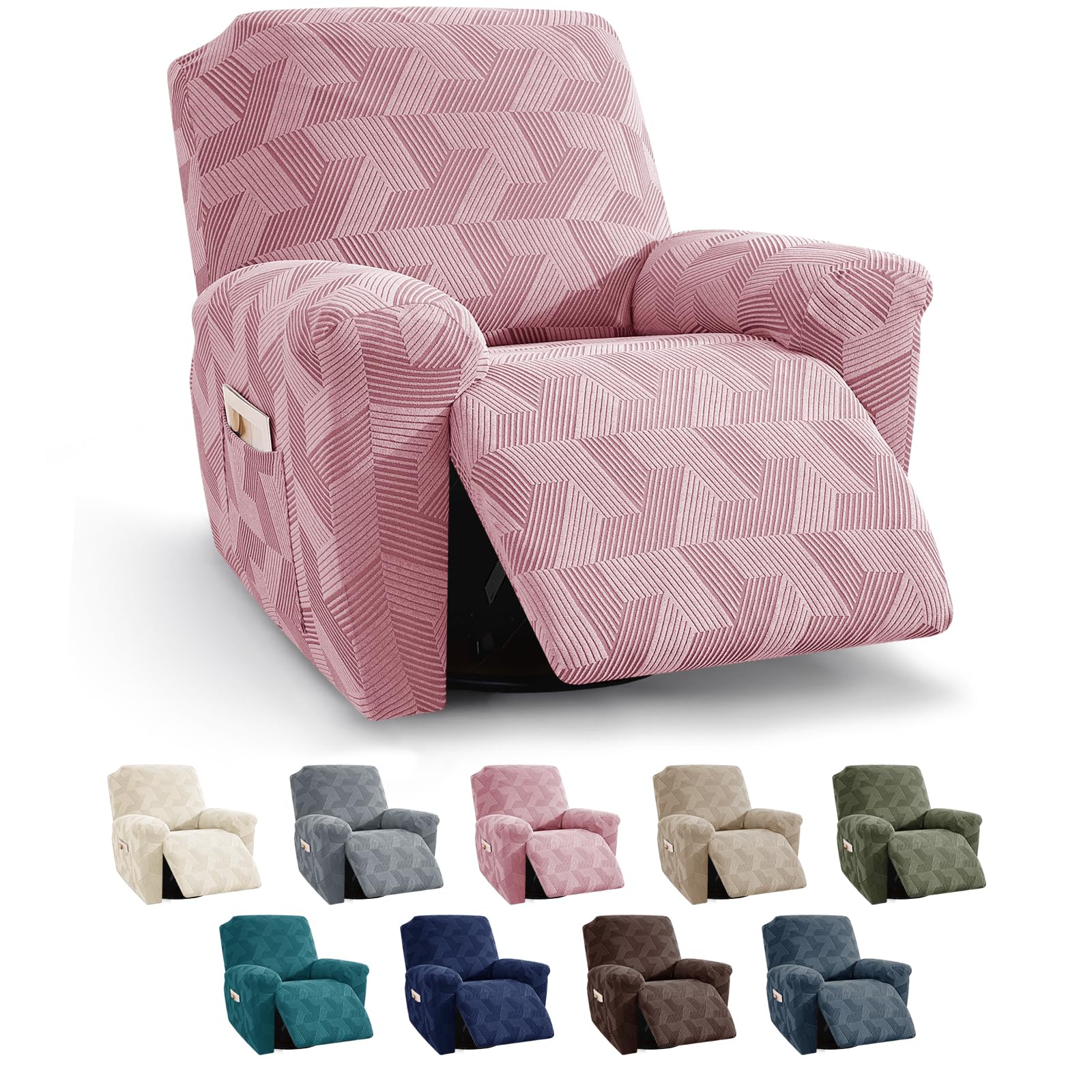 XINEAGE Recliner Chair Covers,3 Pieces Recliner Covers Geometrical Jacquard, Stretch Lazy Boy Recliner Slipcovers with Elastic Bottom for Pet, Kids (Recliner, Pink)