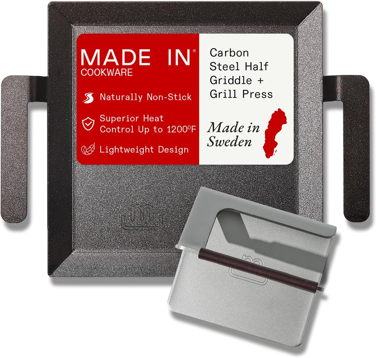 Made In Cookware | Carbon Steel Half Griddle + Grill Press | Professional Cookware | Crafted in Sweden | Induction Compatible