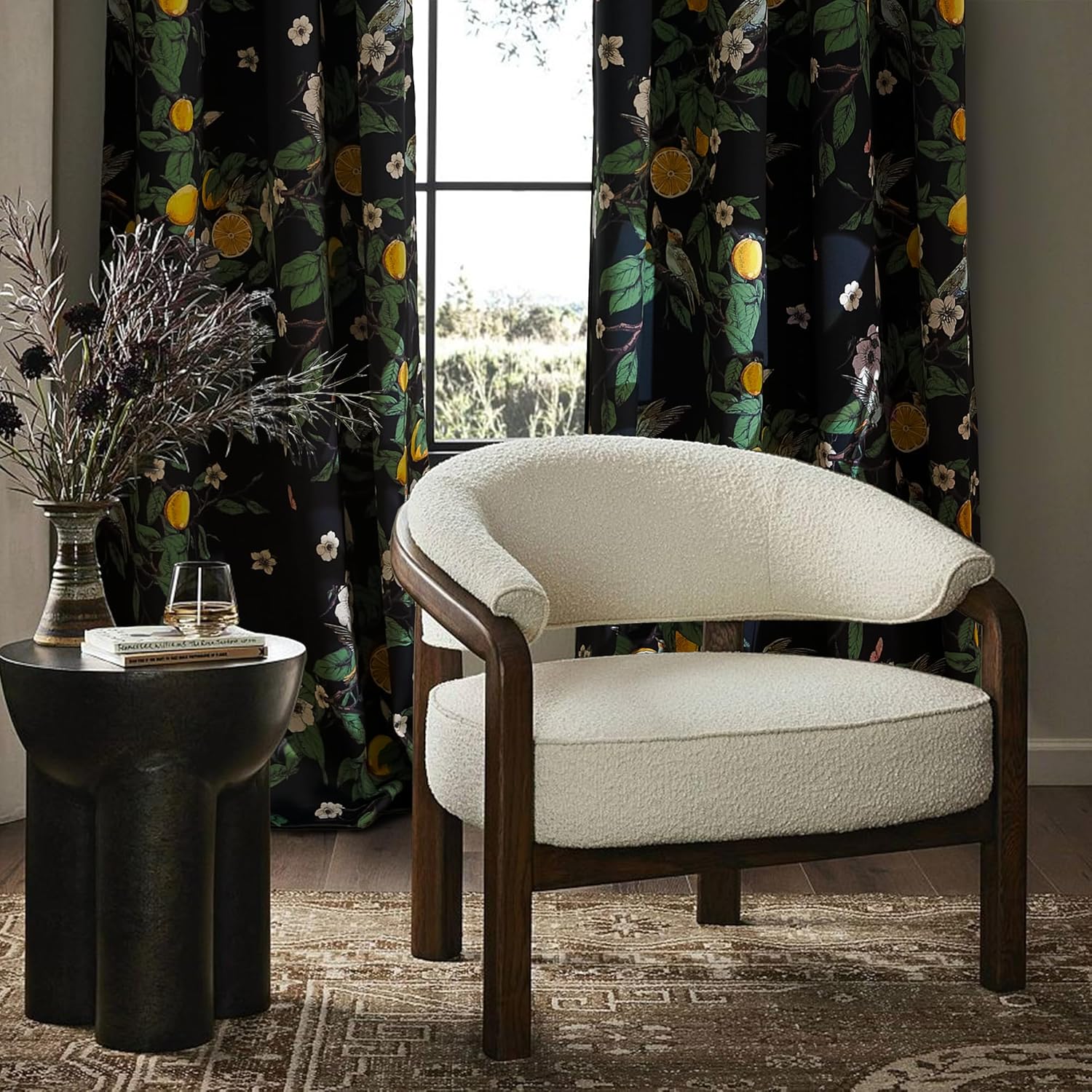 NICETOWN 100% Blackout Floral Curtains for Bedroom, W52 x L84 2 Panels, Hummingbird Lemon Botanical Print Design Thermal Insulated Privacy Drapes, Black Out Curtains for Living Room, Farmhouse