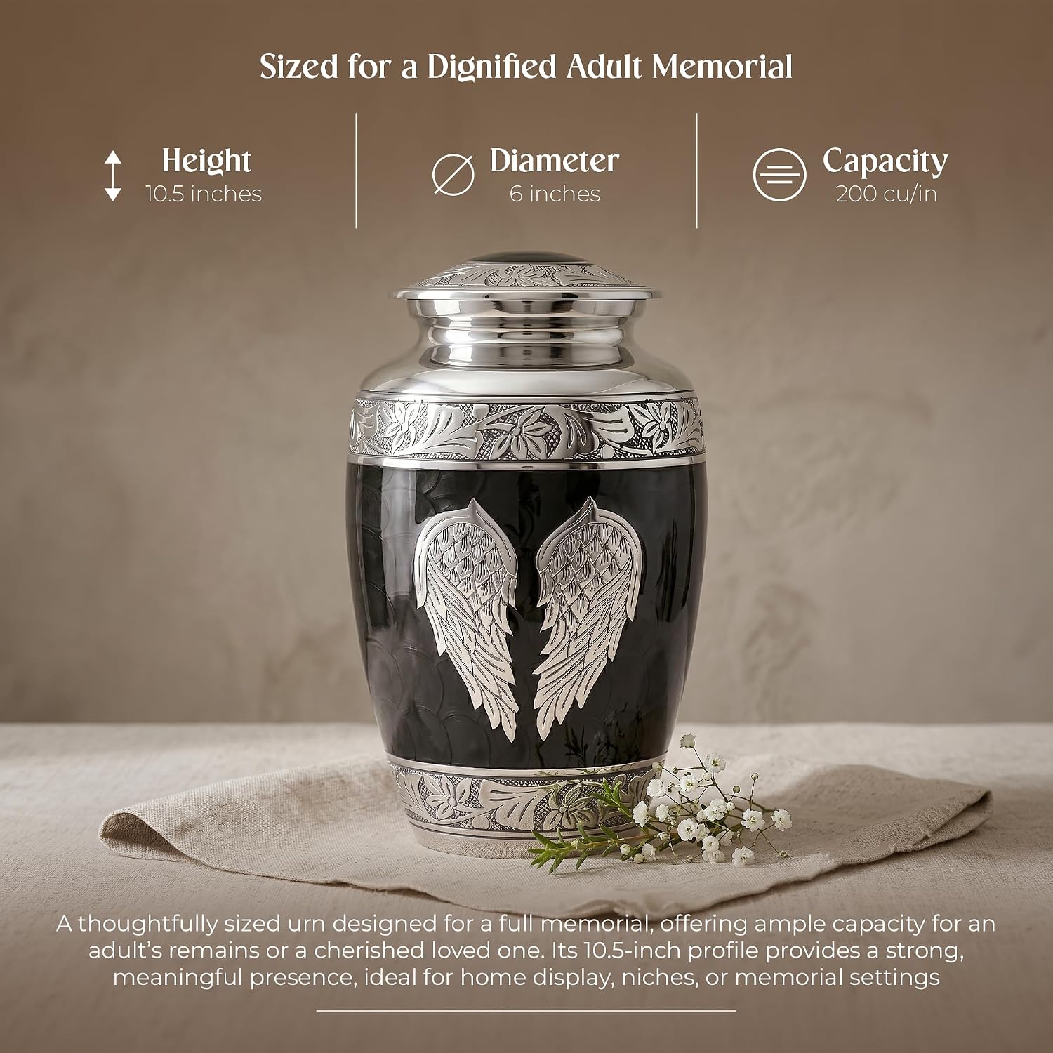 Angel Wings Cremation Urns for Human Ashes - Memorial Urn for Adults, Women, and Men - Decorative Urn for Home, Burial, or Funeral (Black, Large)
