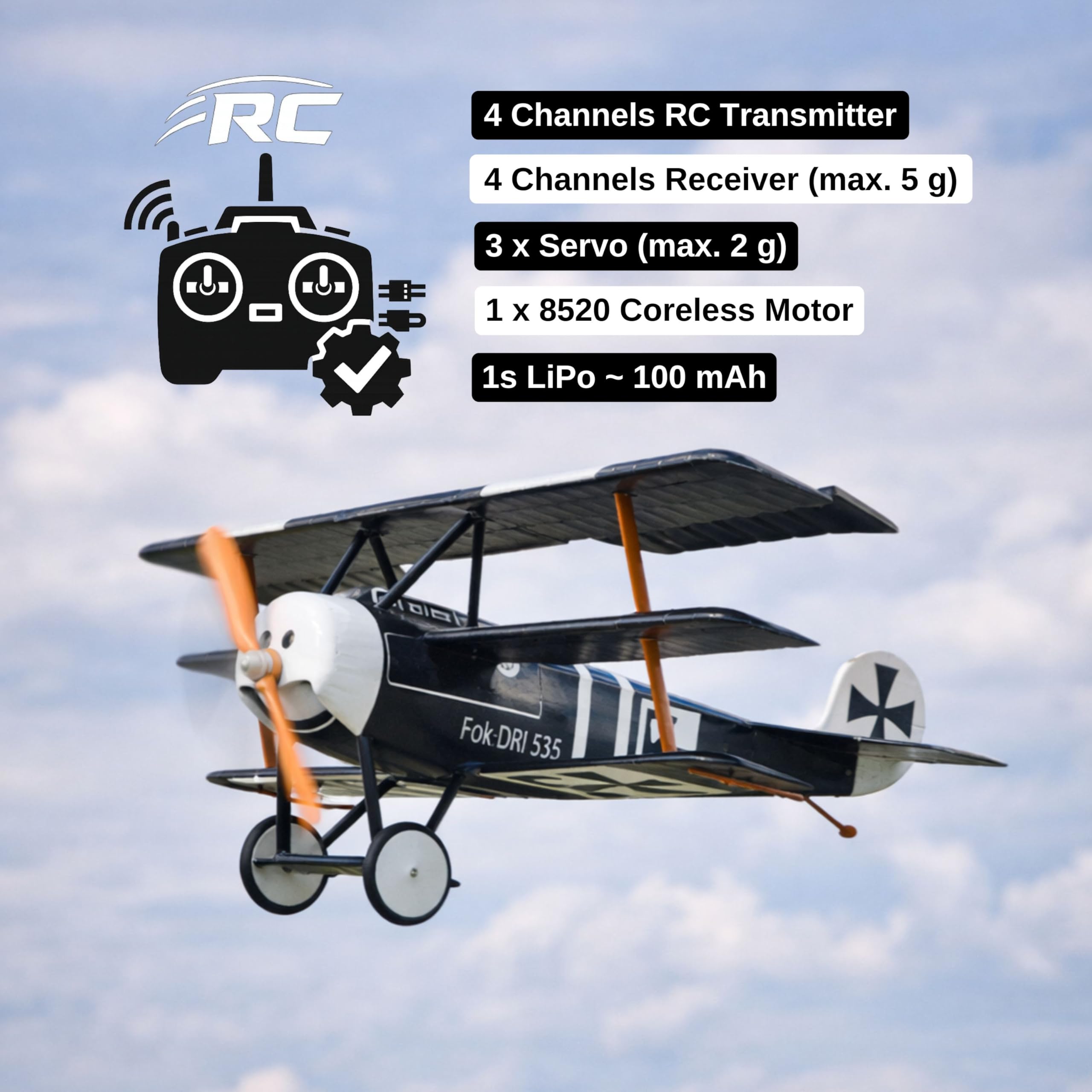 Fokker Dr.1 Slow Flyer Modellflugzeug Kit, Maßstab 1:20, 358 mm Spannweite, RC Flugzeugmodell Baukasten, Modell Flugzeug zum selbst Bauen, gelaserte Balsa Holz Bauteile, 358 x 280 x 135 mm, 48 g RTF