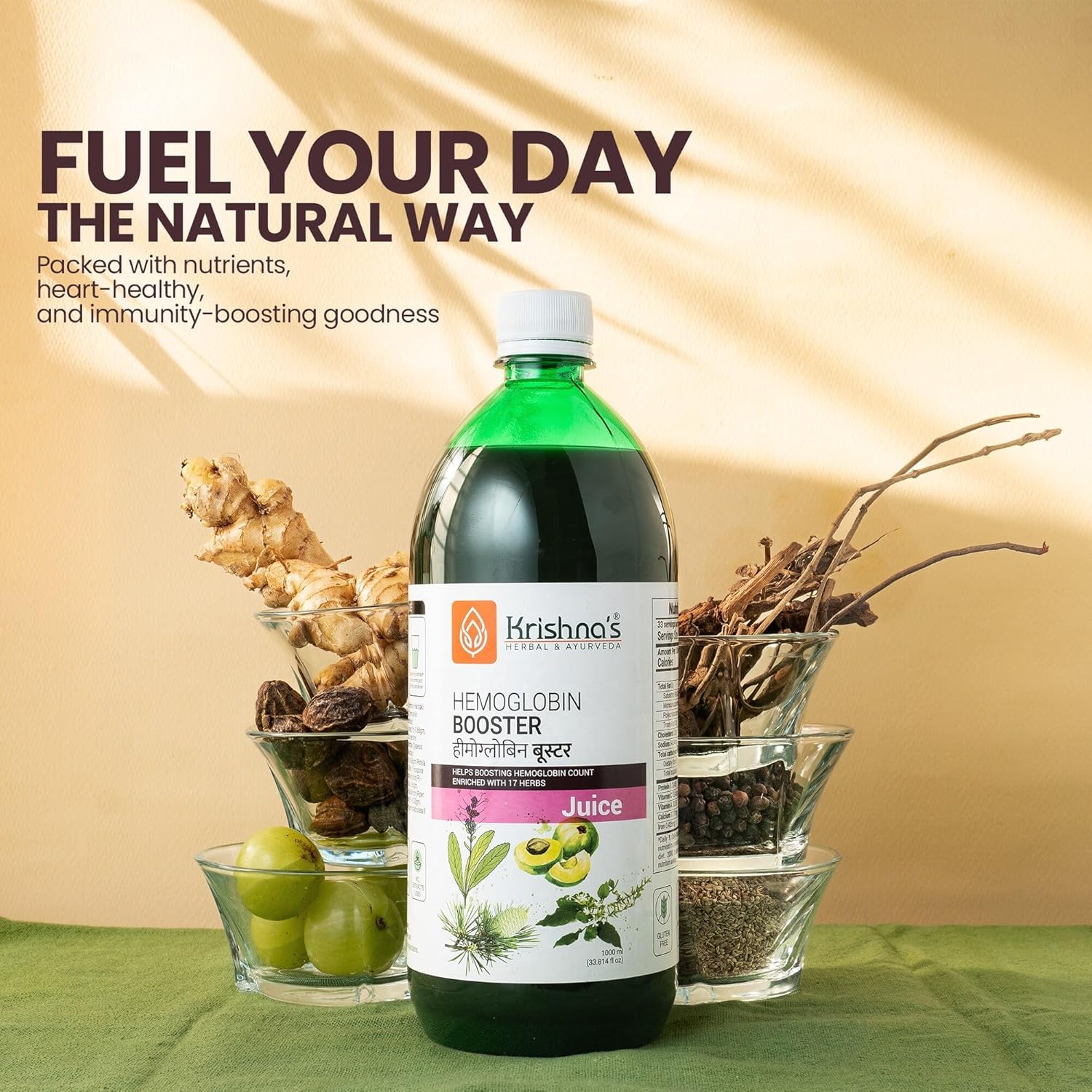 KRISHNA'S HERBAL & AYURVEDA Hemoglobin Booster Juice - 500 Ml (Pack of 2) Helps to Improve Your Haemoglobin Count Goodness Dev Daru, Kutki, Amla & 13 Other Super Herbs 500 ml (Pack of 2) Multicolour