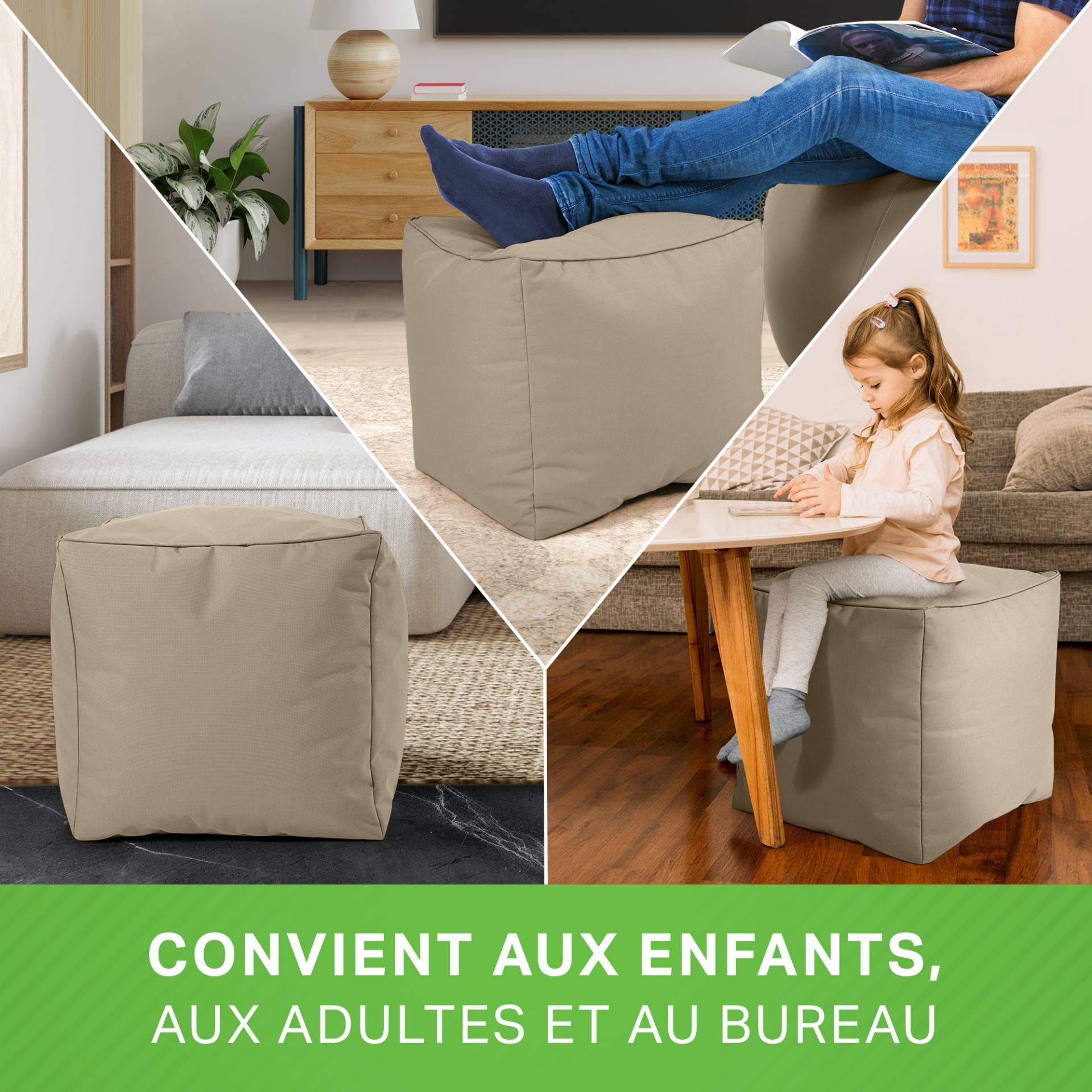 Green Bean© Pouf d'Extérieur-Tabouret 40x40x40cm avec Remplissage de Perles EPS - Extension & Add-on pour Poufs Coussin Pieds Sol Siège Enfants & Adultes Repose-Pieds Taupe