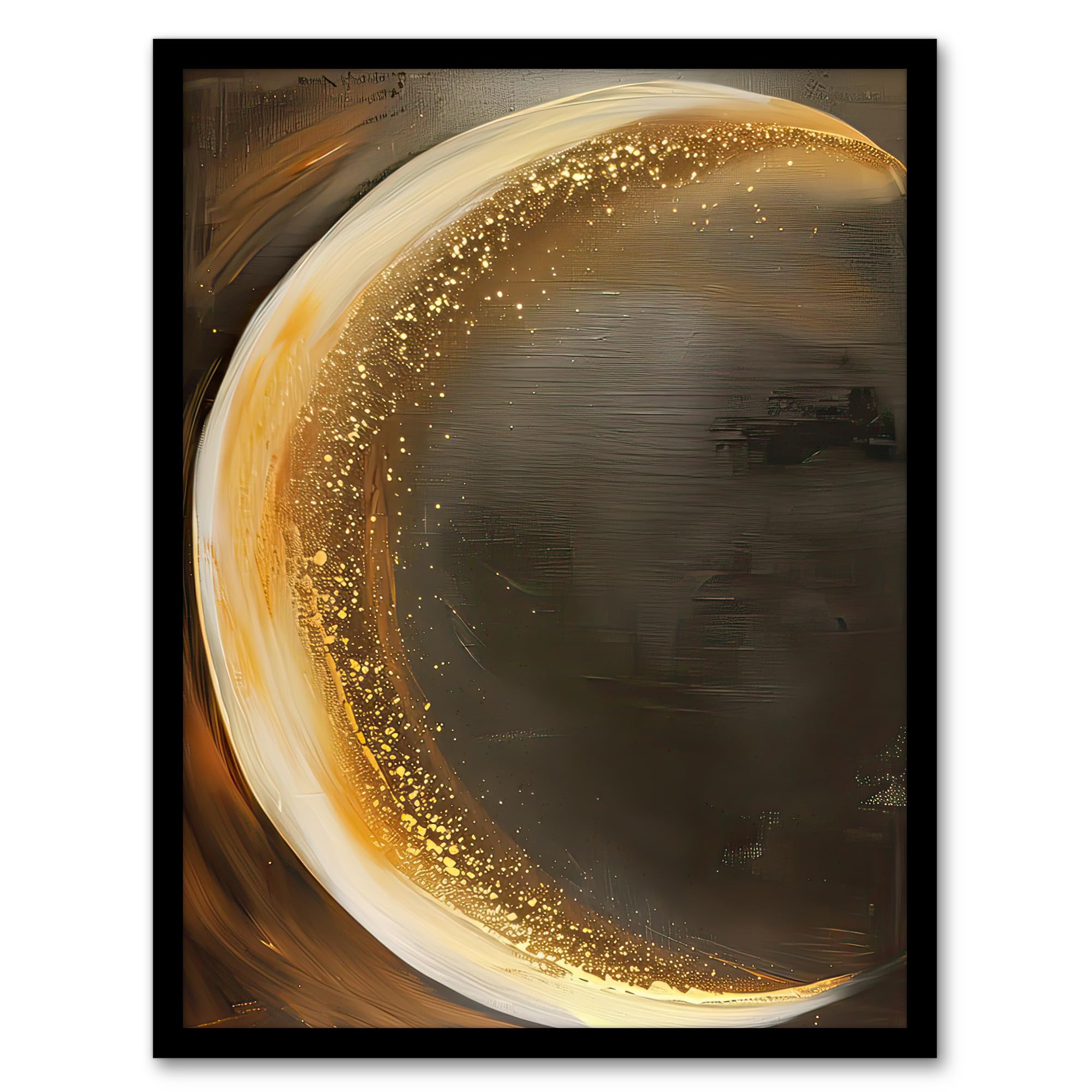 Artery8 Crescent Moon Oil Painting Gold Sparkle Living Room Artwork Framed Wall Art Print A4