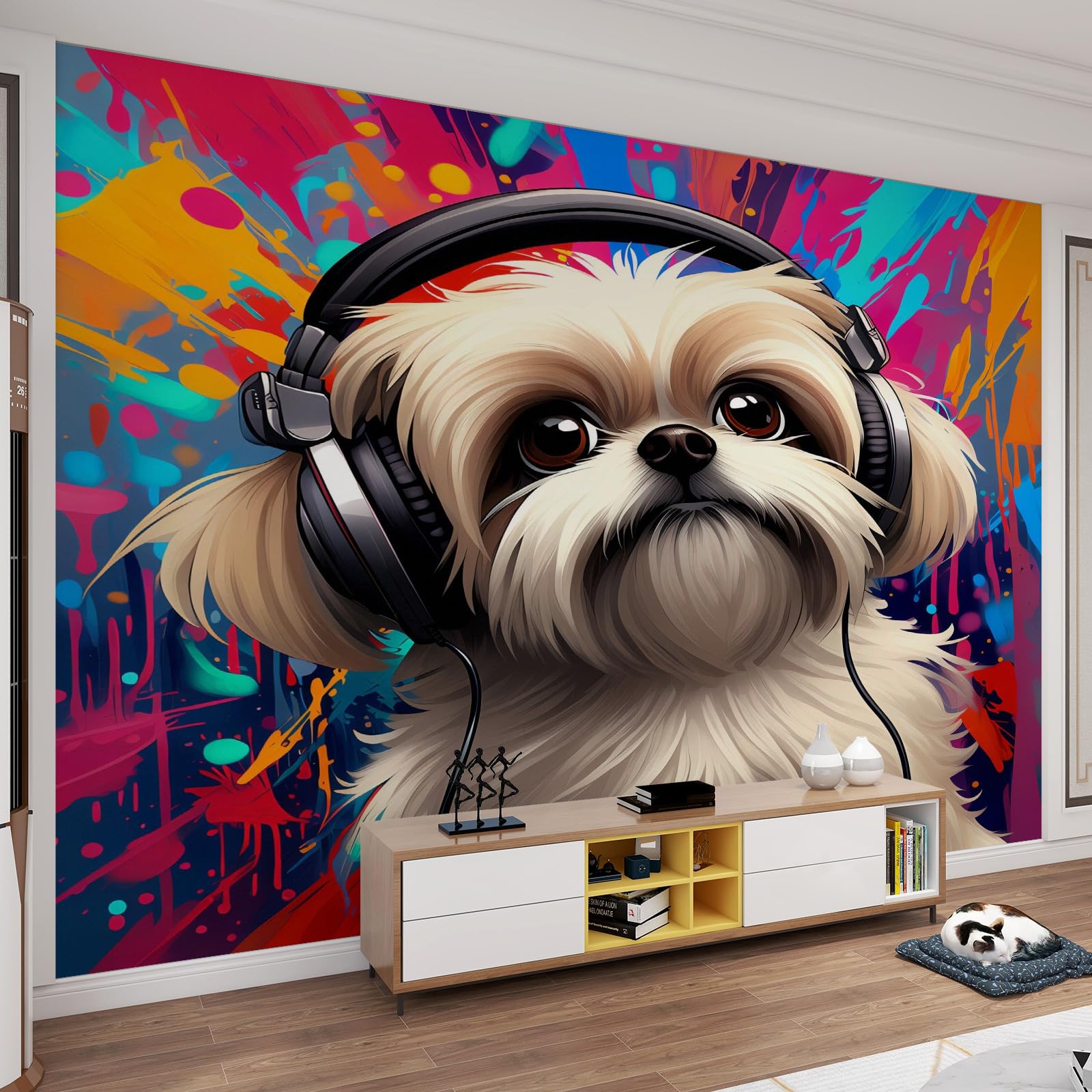 Papier peint chien dessin animé peinture à l'huile et stickers muraux