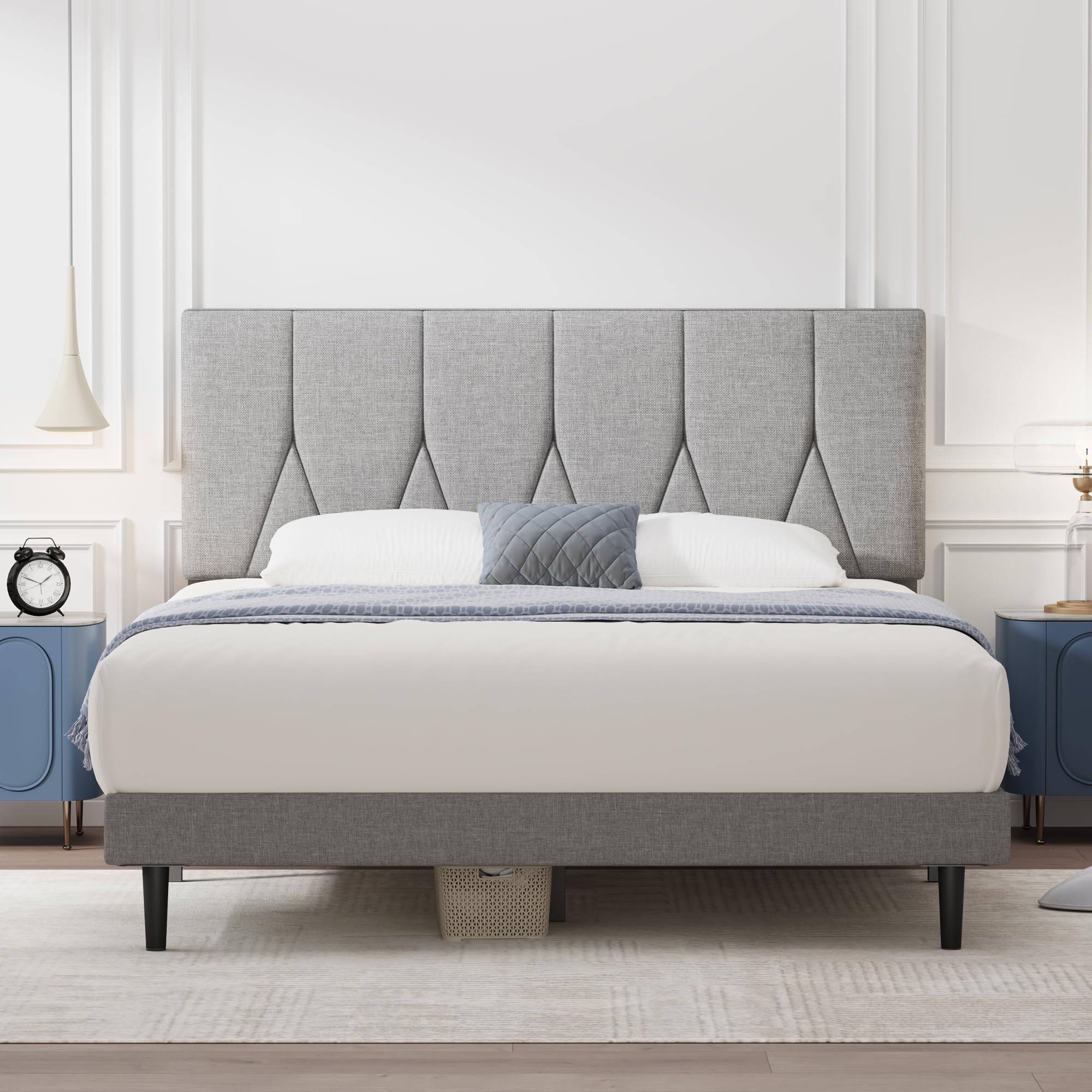 Yocreat Small Double Bed Frame, Light Grey, Upholstered Wooden Slat Bed Frame with Headboard, Easy Assembly, Underbed Storage, No Box Spring Needed 120×190